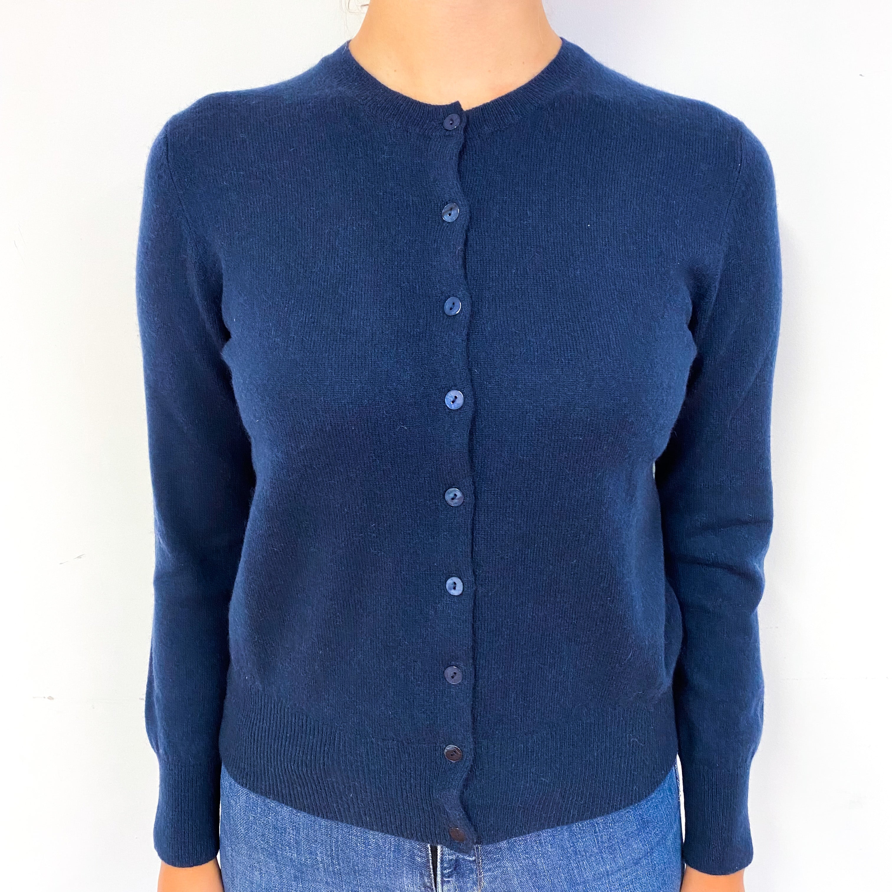 Navy Blue Cashmere Crew Neck Cardigan Small