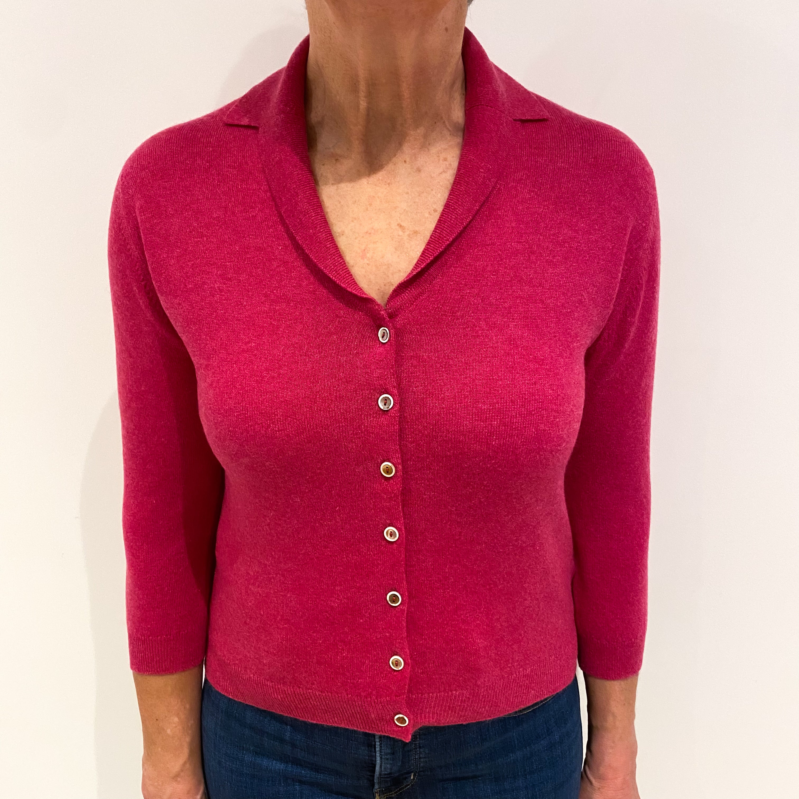 Brora Raspberry Pink Cashmere Collared V Neck Cardigan Medium