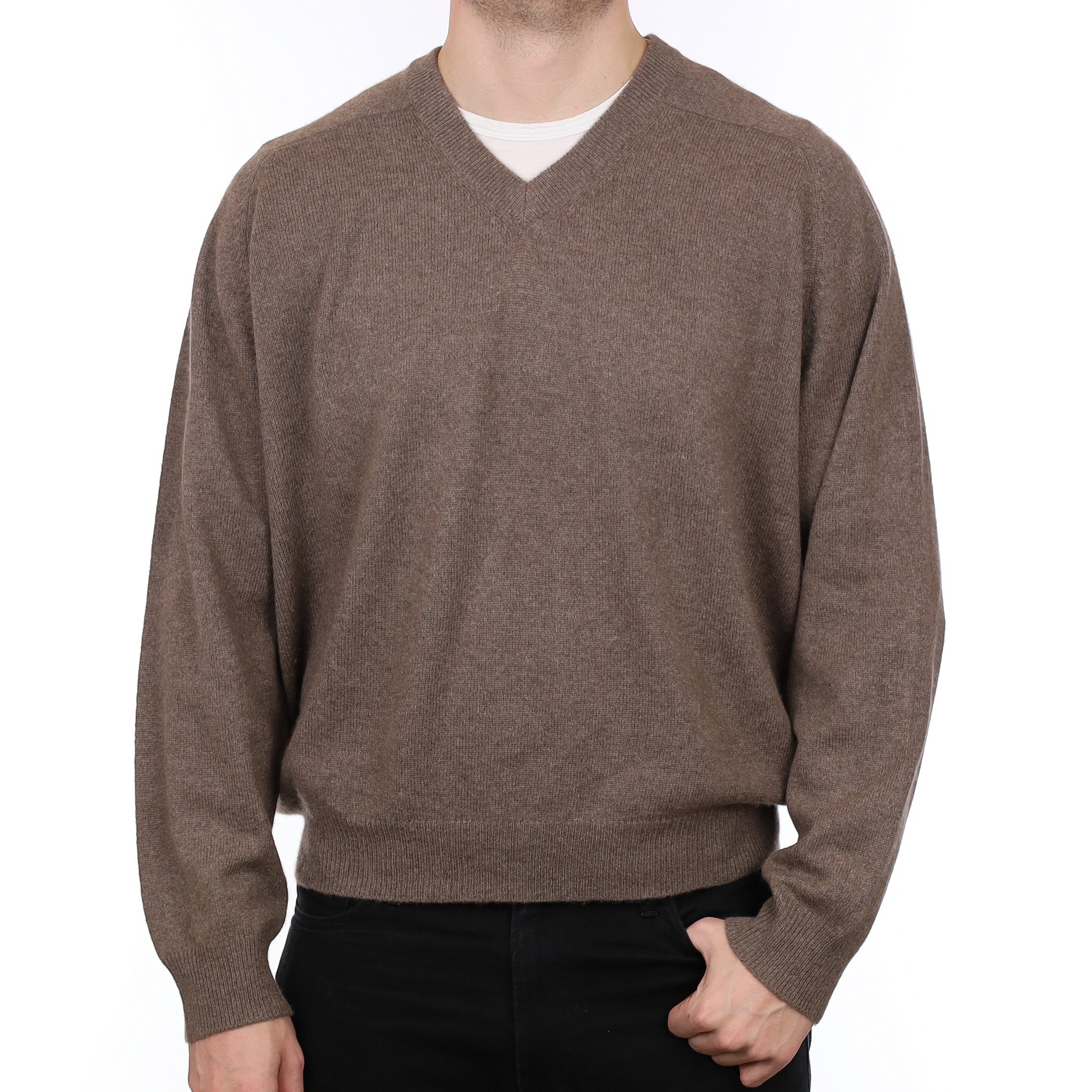 Men’s Mocha Brown Cashmere V Neck Jumper XXL