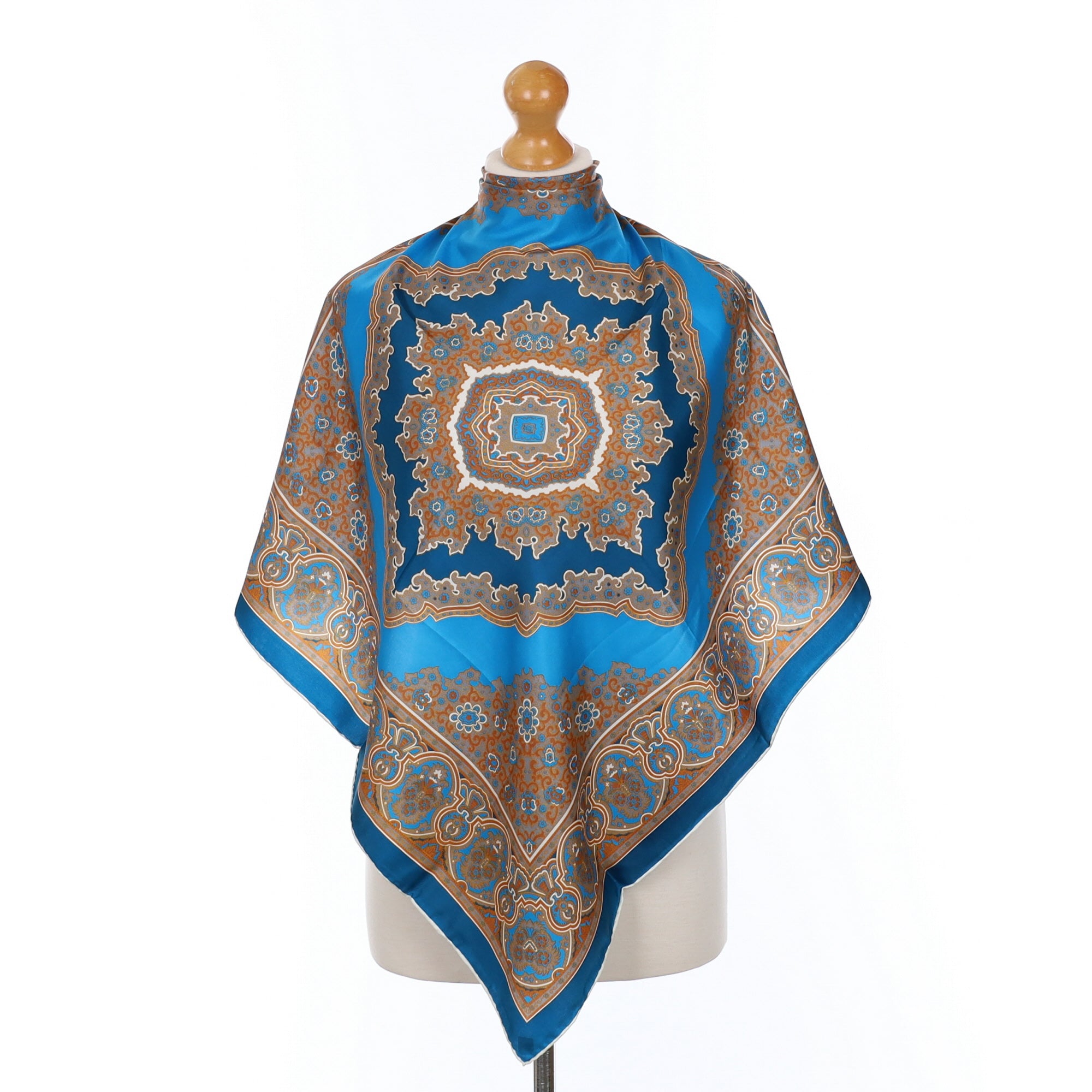 Teal and Gold Patterned Vintage Silk Scarf