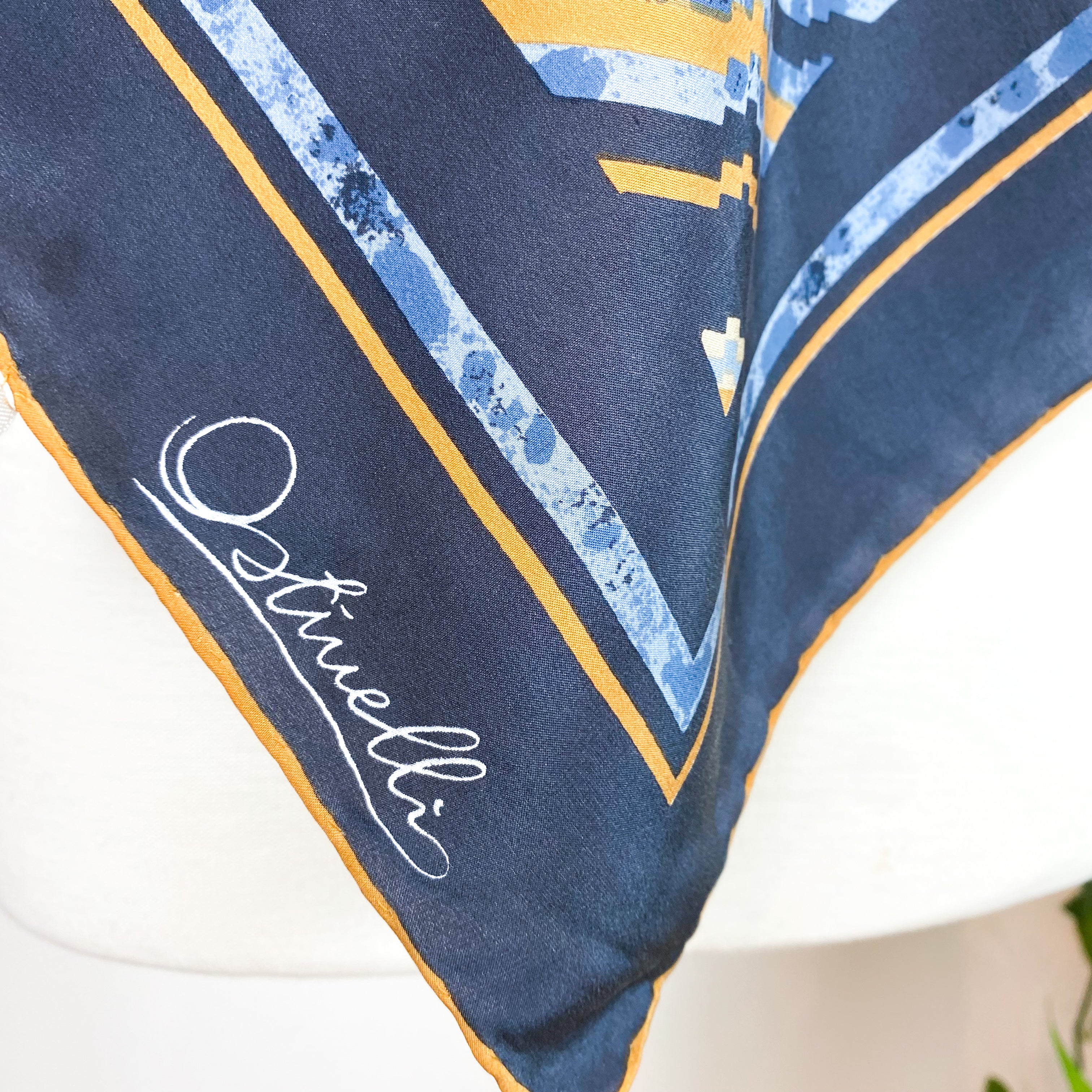 Ostinelli Navy Abstract Striped Vintage Silk Scarf
