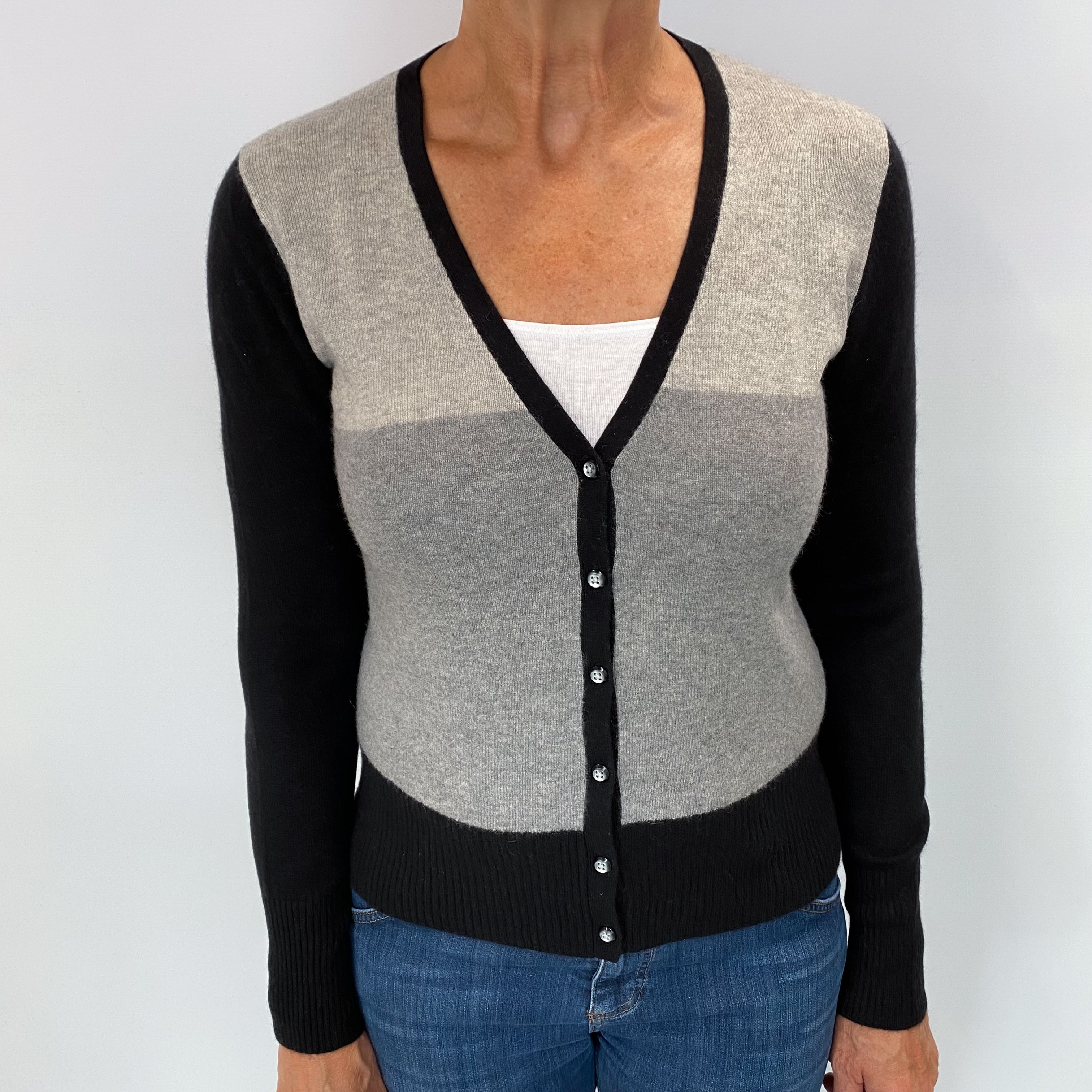 Grey Colour Block Cashmere V Neck Cardigan Medium