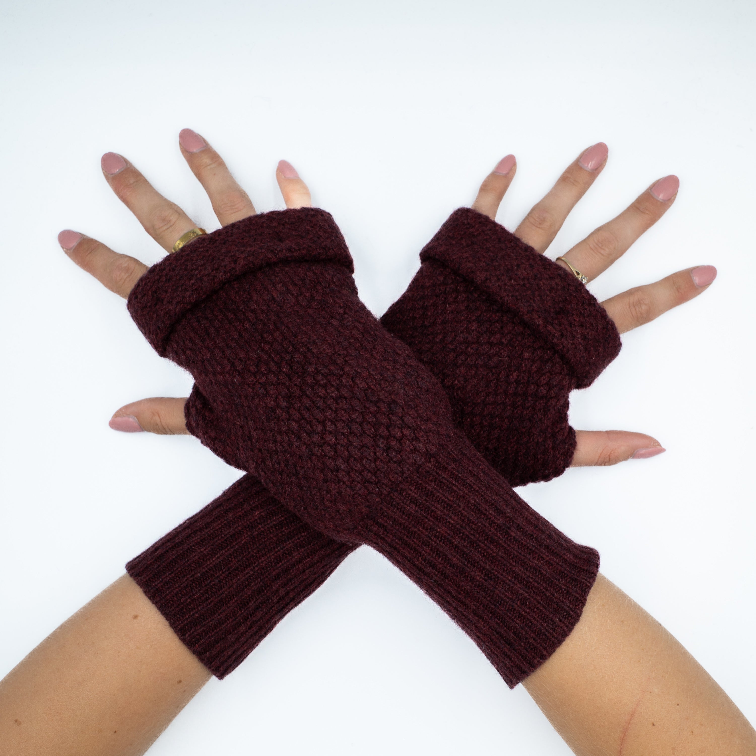 Men’s Maroon Waffle Knit Chunky Fingerless Gloves