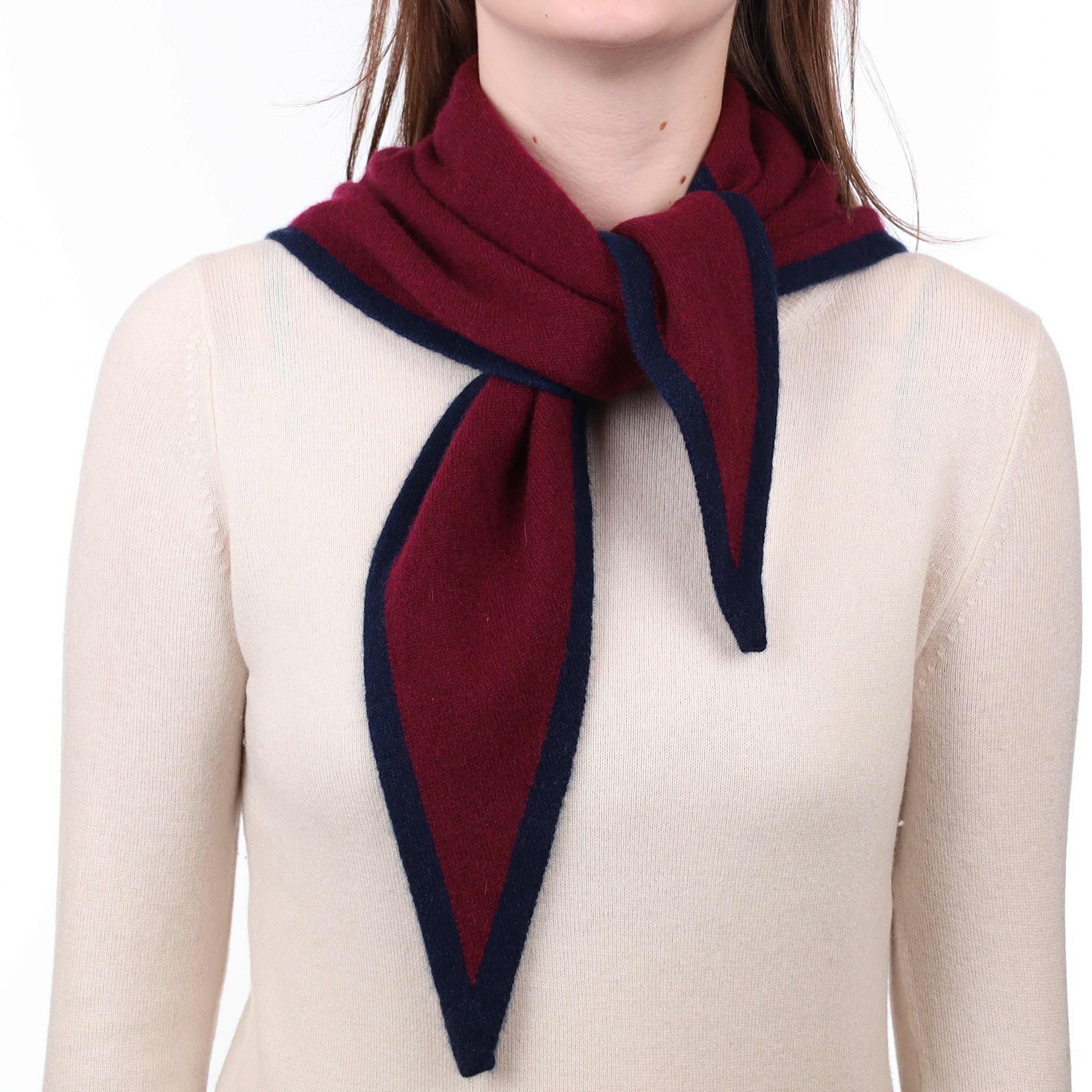 Brand New Rich Wine and Navy Recycled Cashmere Triangle Scarf