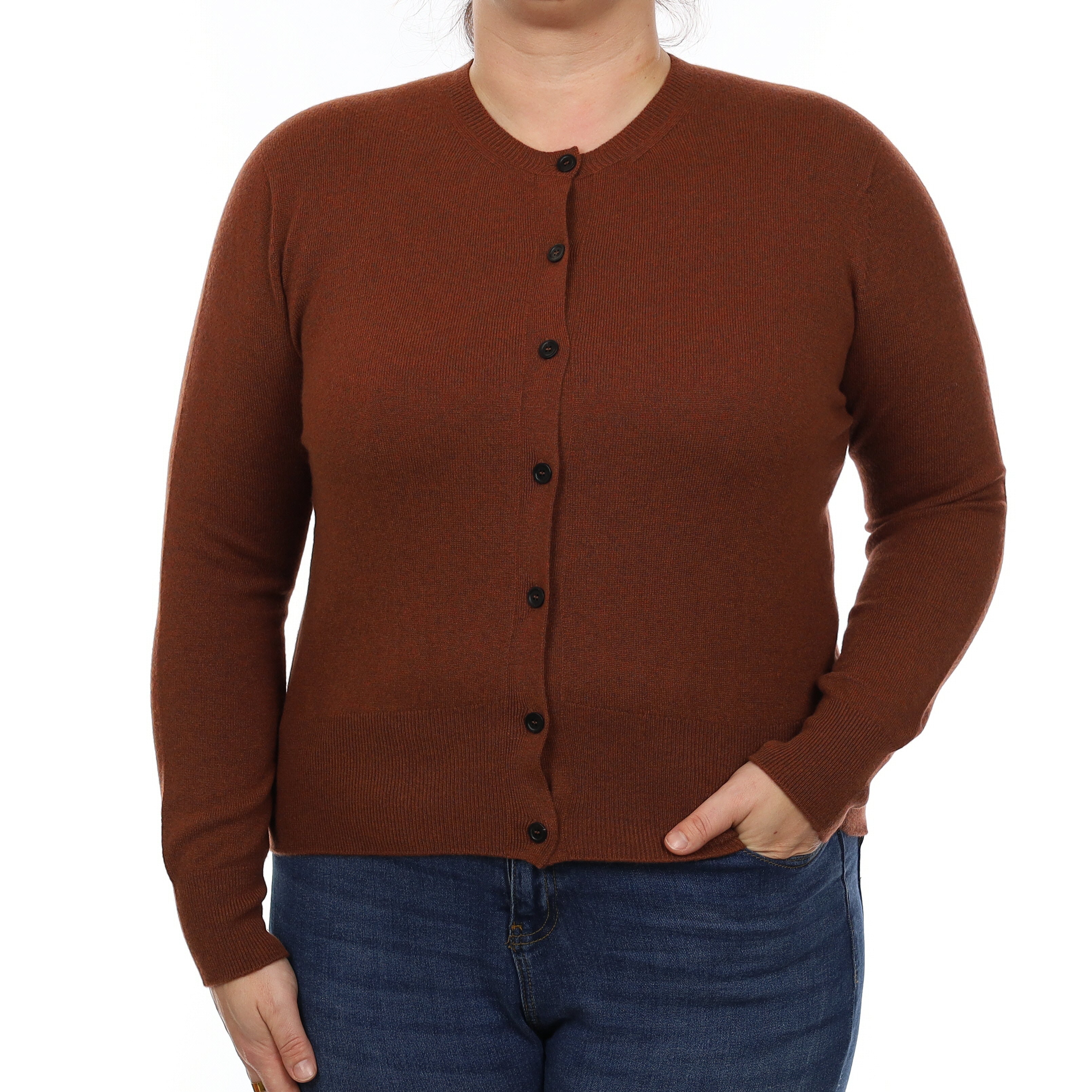 Brand New Scottish Rust Brown Cashmere Crew Neck Cardigan Large