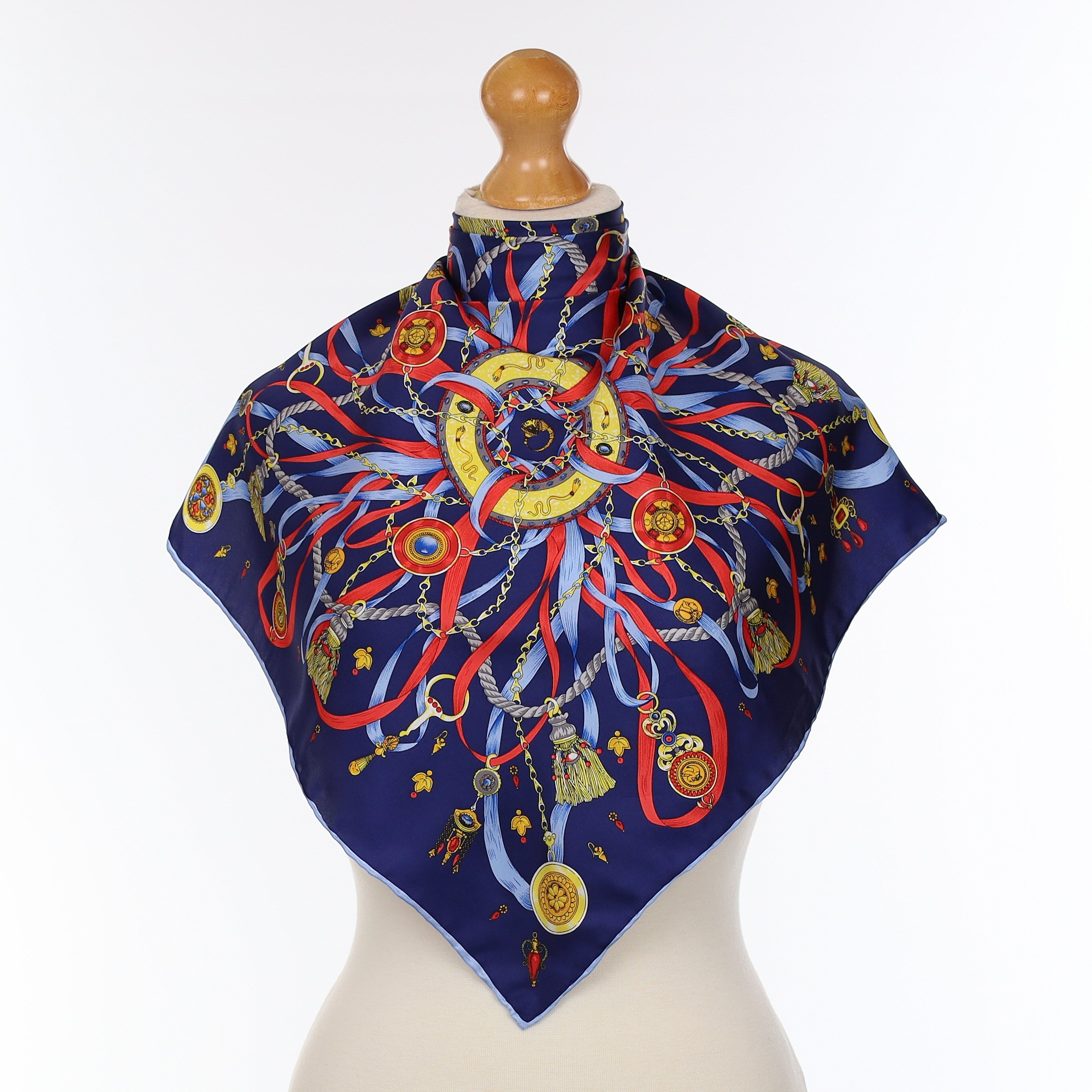 Navy Blue Ribbon And Charms Silk Scarf