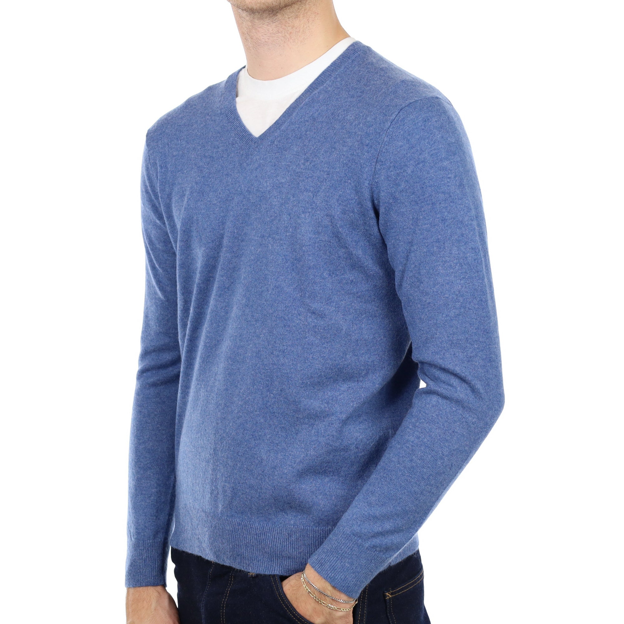 Men's Denim Blue Cashmere V Neck Jumper Medium