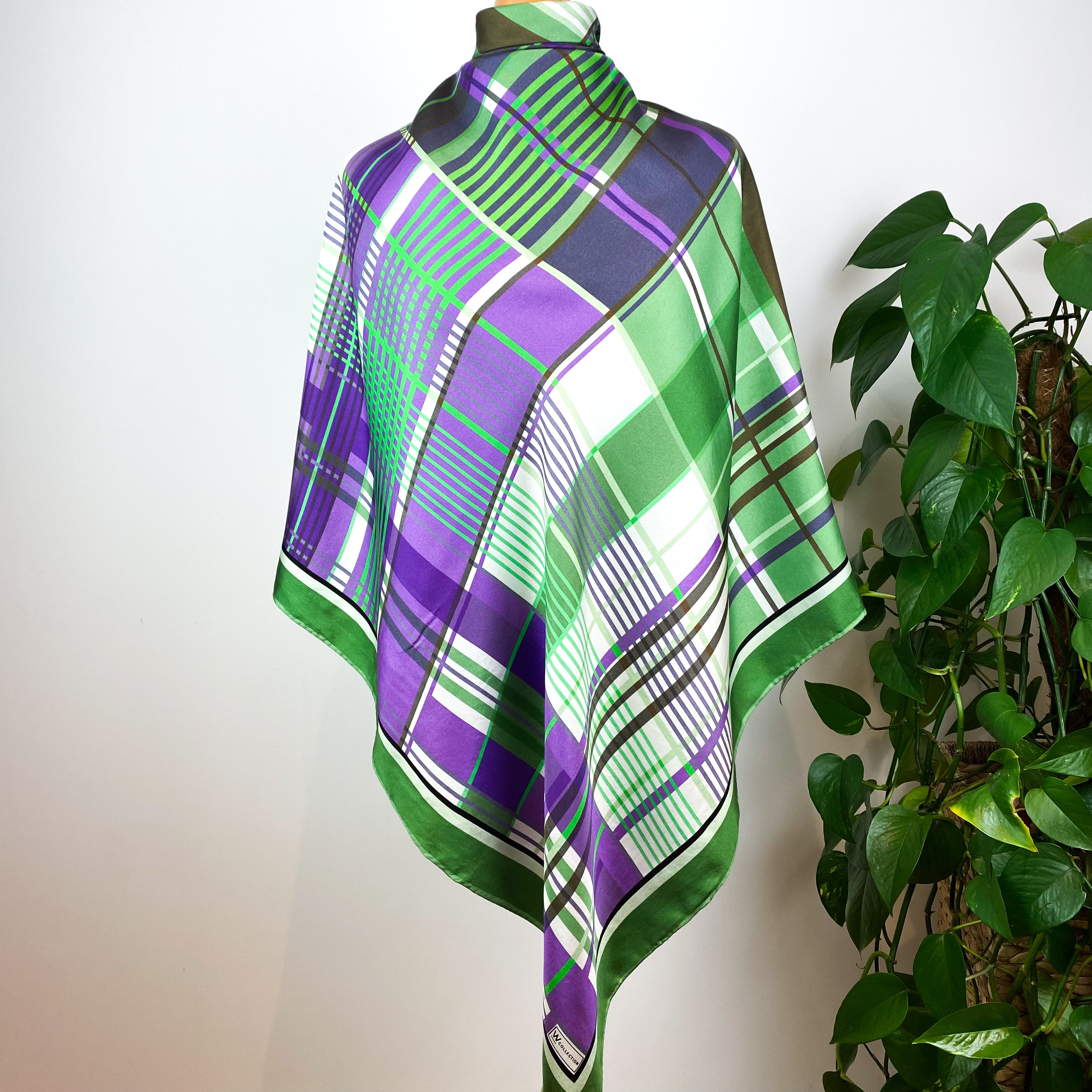 Green and Purple Check Vintage Silk Scarf