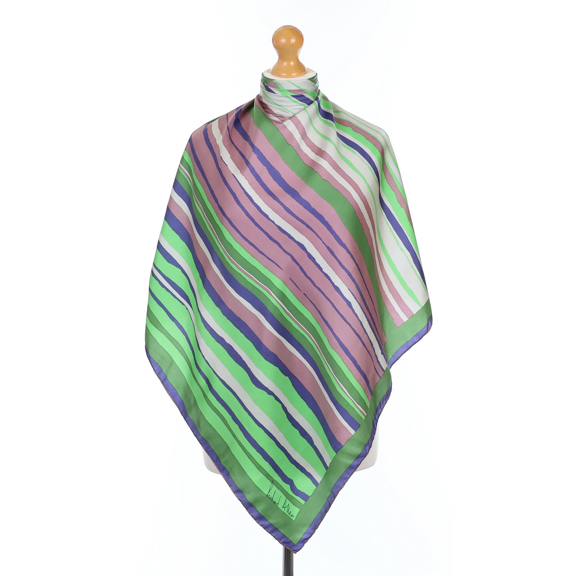 1970’s Richard Allan Green Striped Vintage Silk Scarf