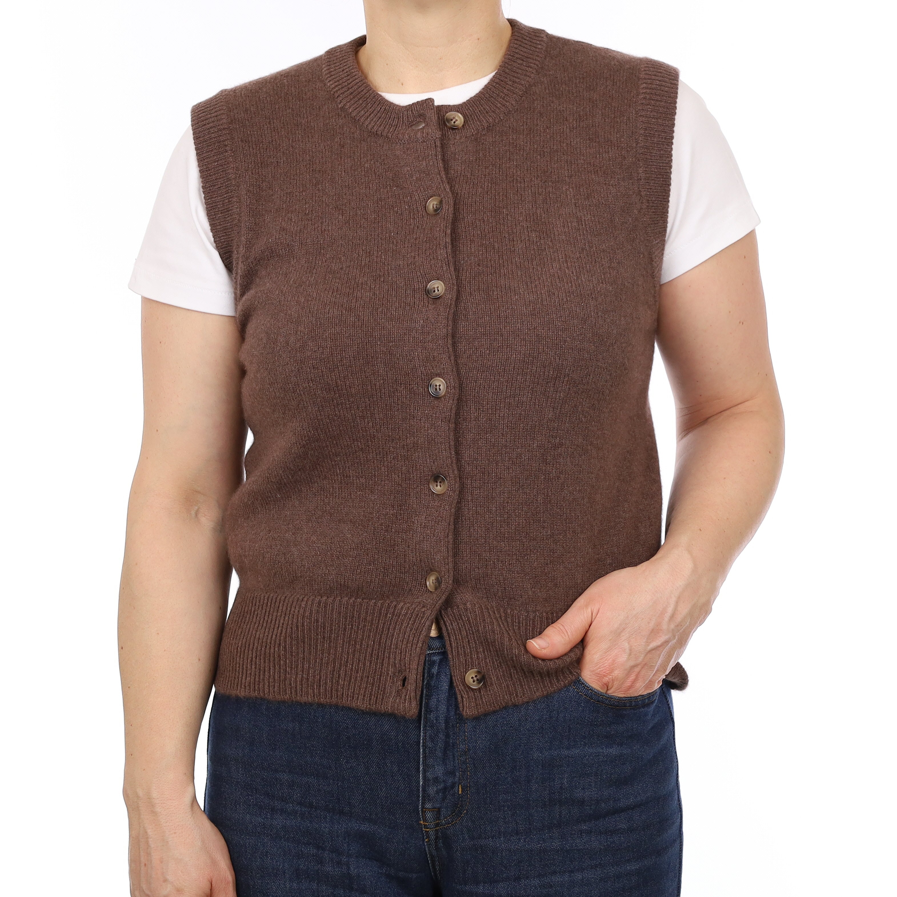 Brand New Mocha Luxury Cashmere Crew Neck Waistcoat Medium UK 12-14