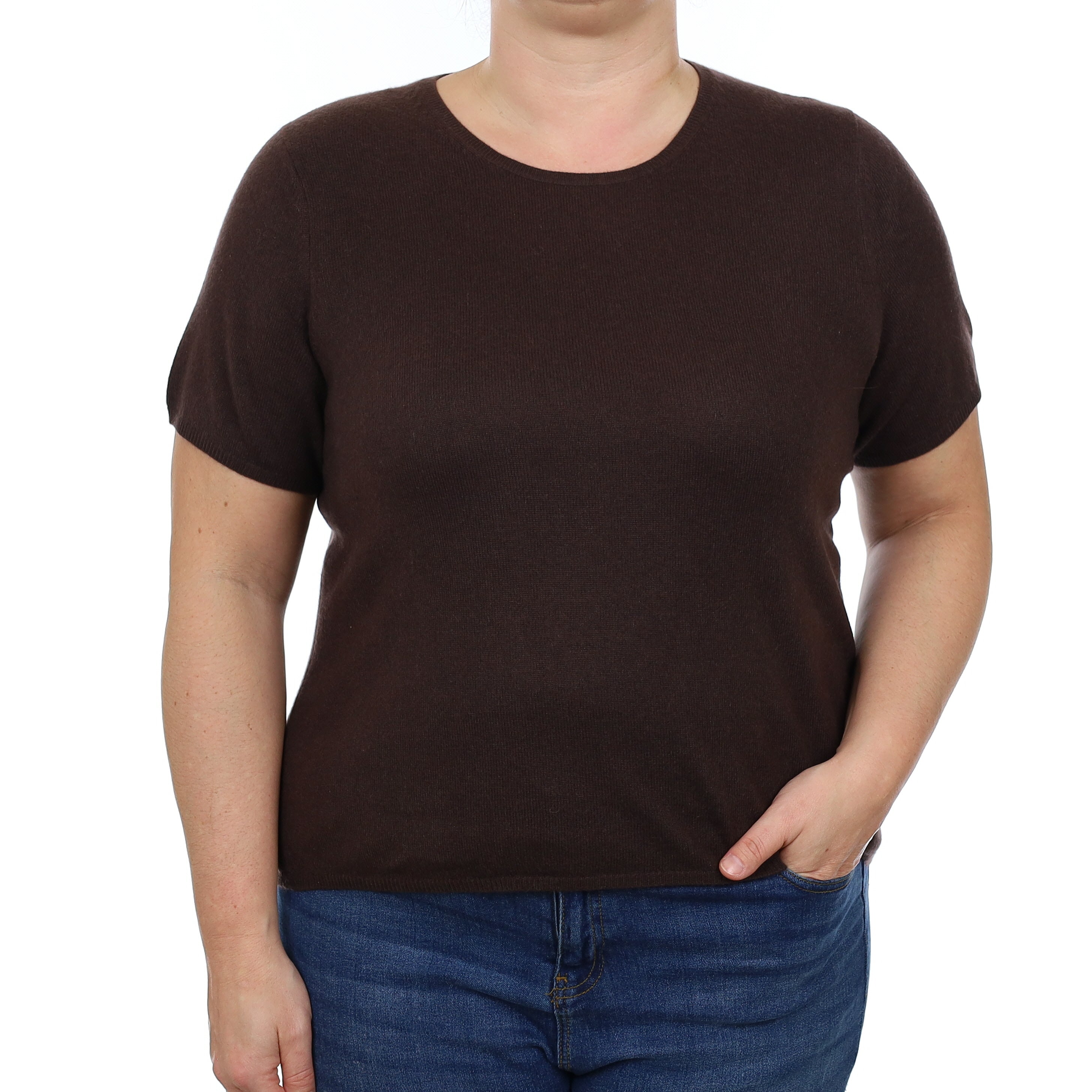 Chocolate Brown Cashmere Short Sleeved Crew Neck Jumper Large