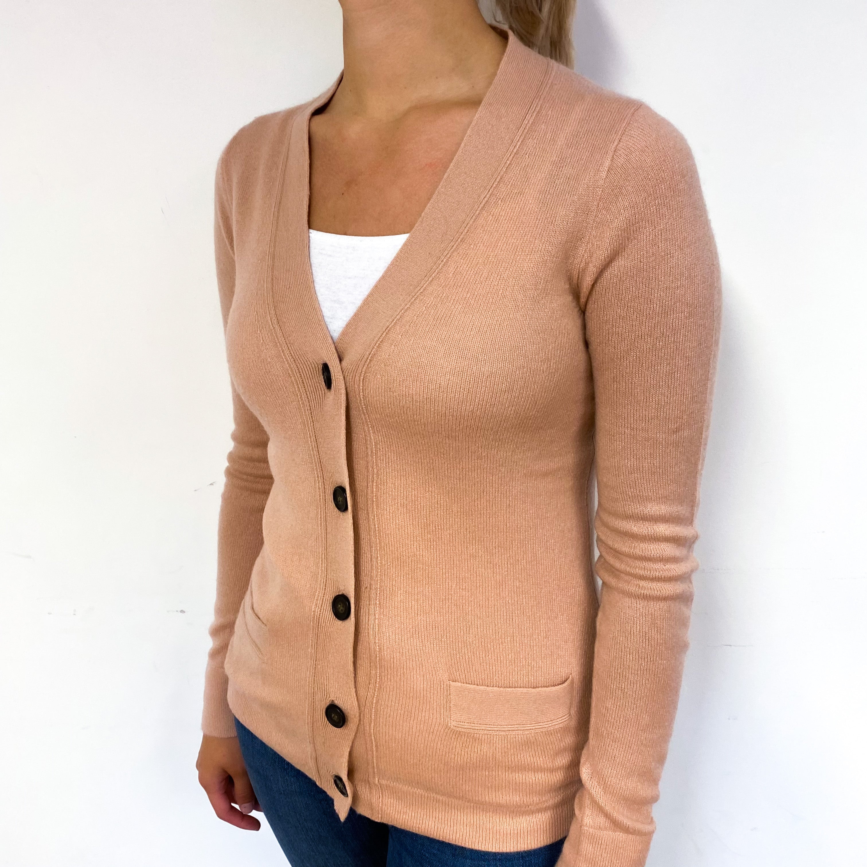 Nude Pink Longline Cashmere V-Neck Cardigan Small