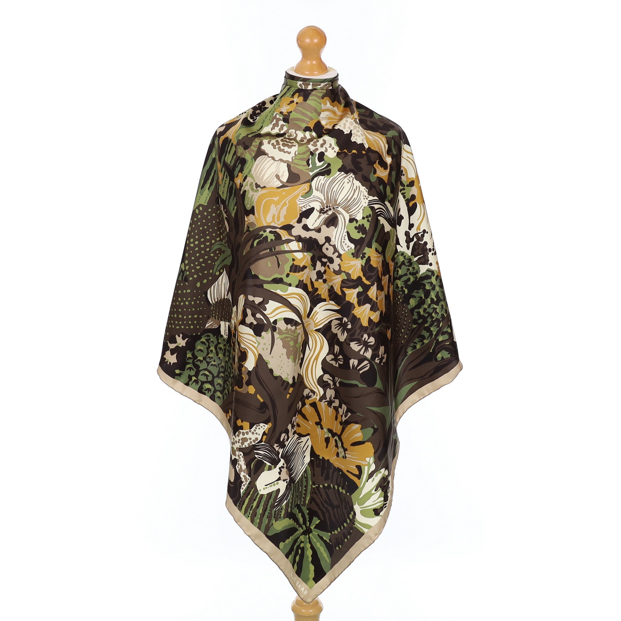 Elie Saab Brown and Green Botanical Silk Scarf
