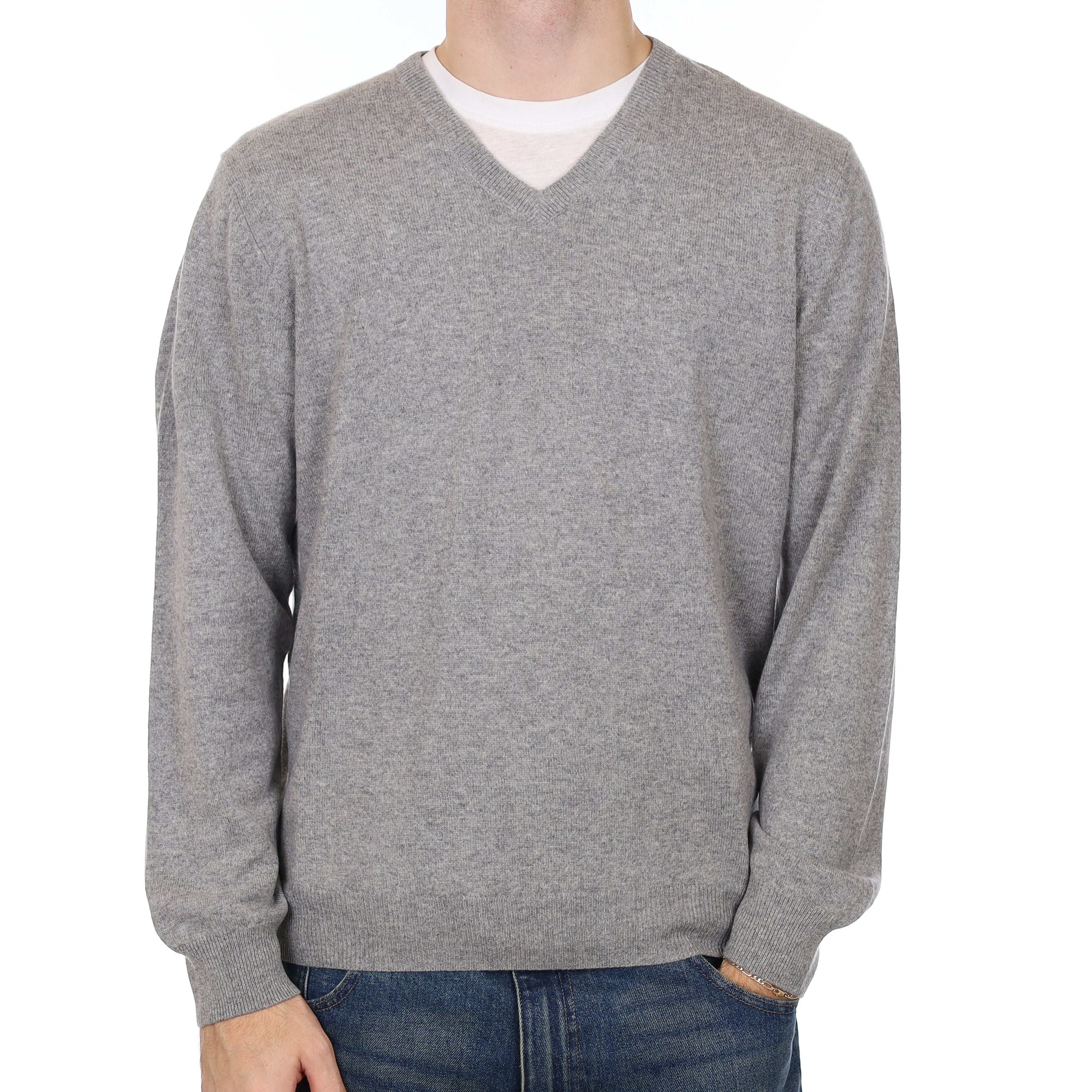 Men’s Ash Grey Cashmere V Neck Jumper Large