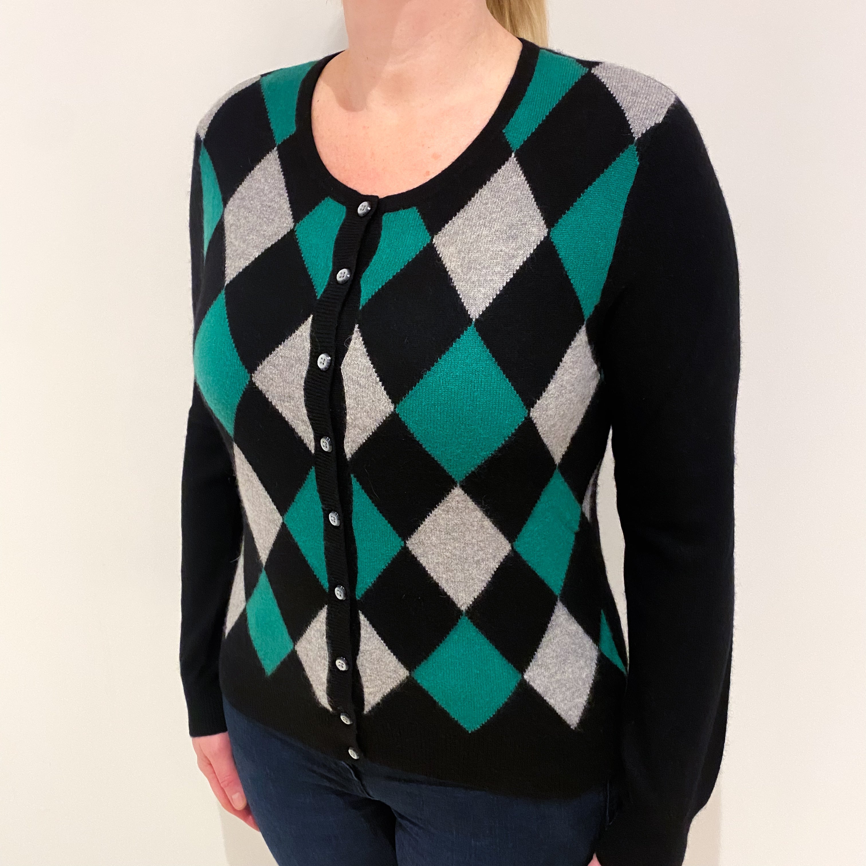 Black Green Diamond Cashmere Crew Neck Cardigan Large