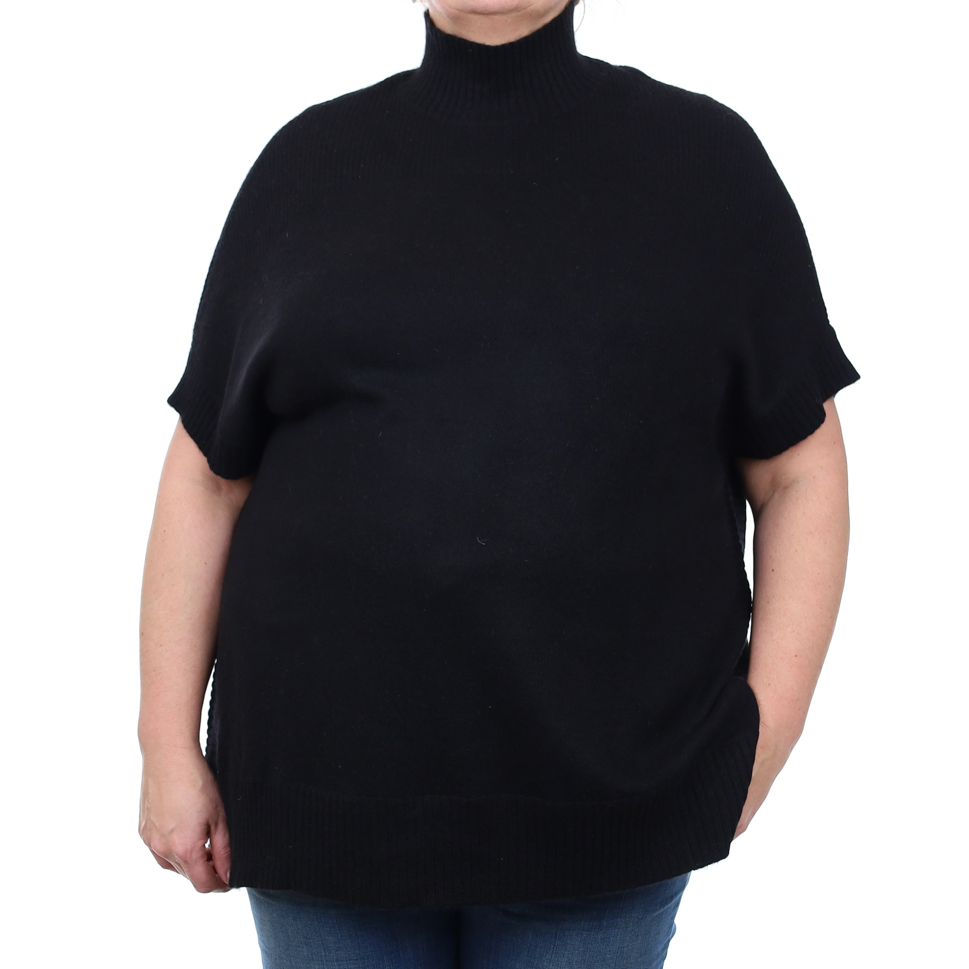 Black Cashmere Capped Sleeve Turtle Neck Tunic Jumper XL