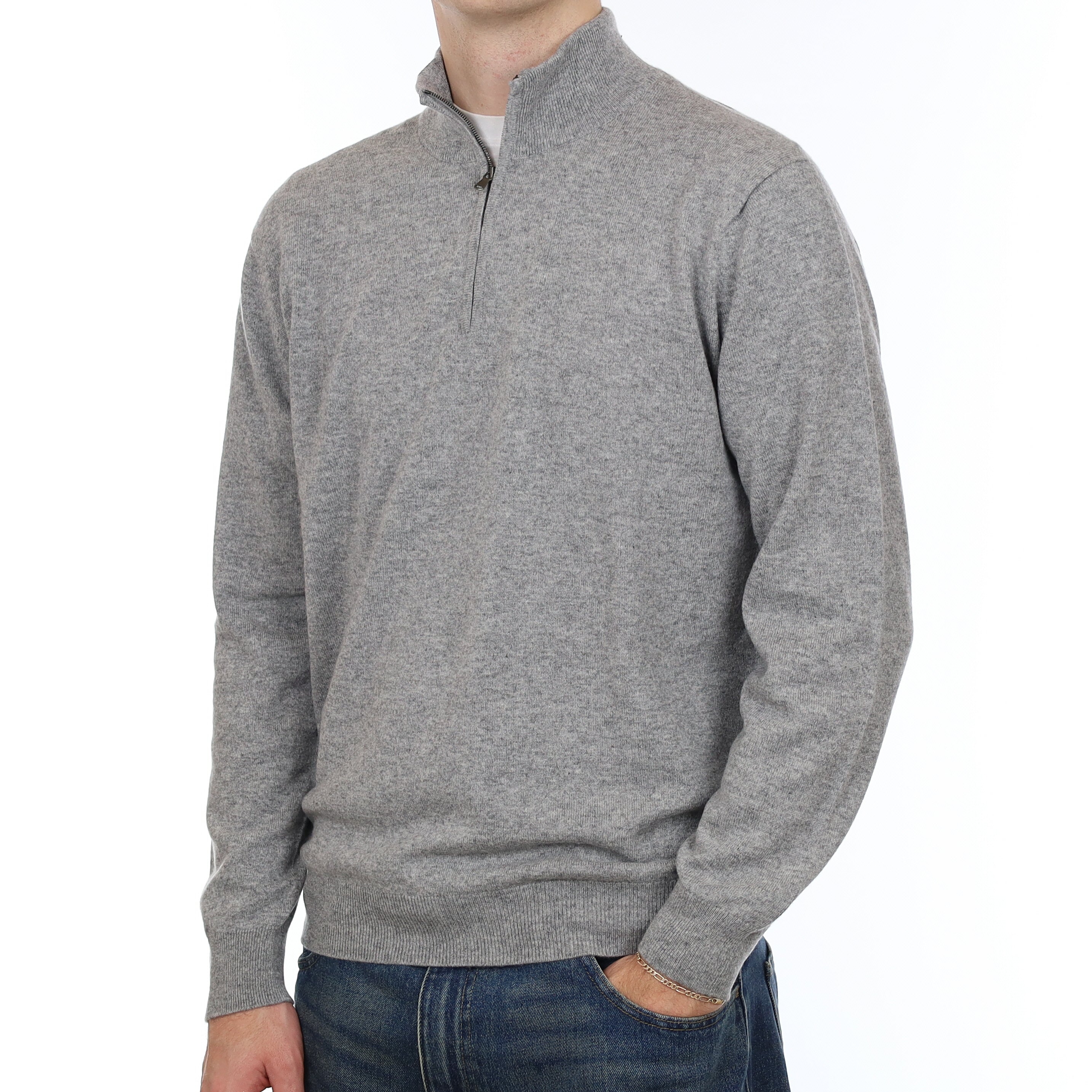 Men’s Brand New Scottish Smoke Grey Cashmere 1/4 Zip Jumper Large