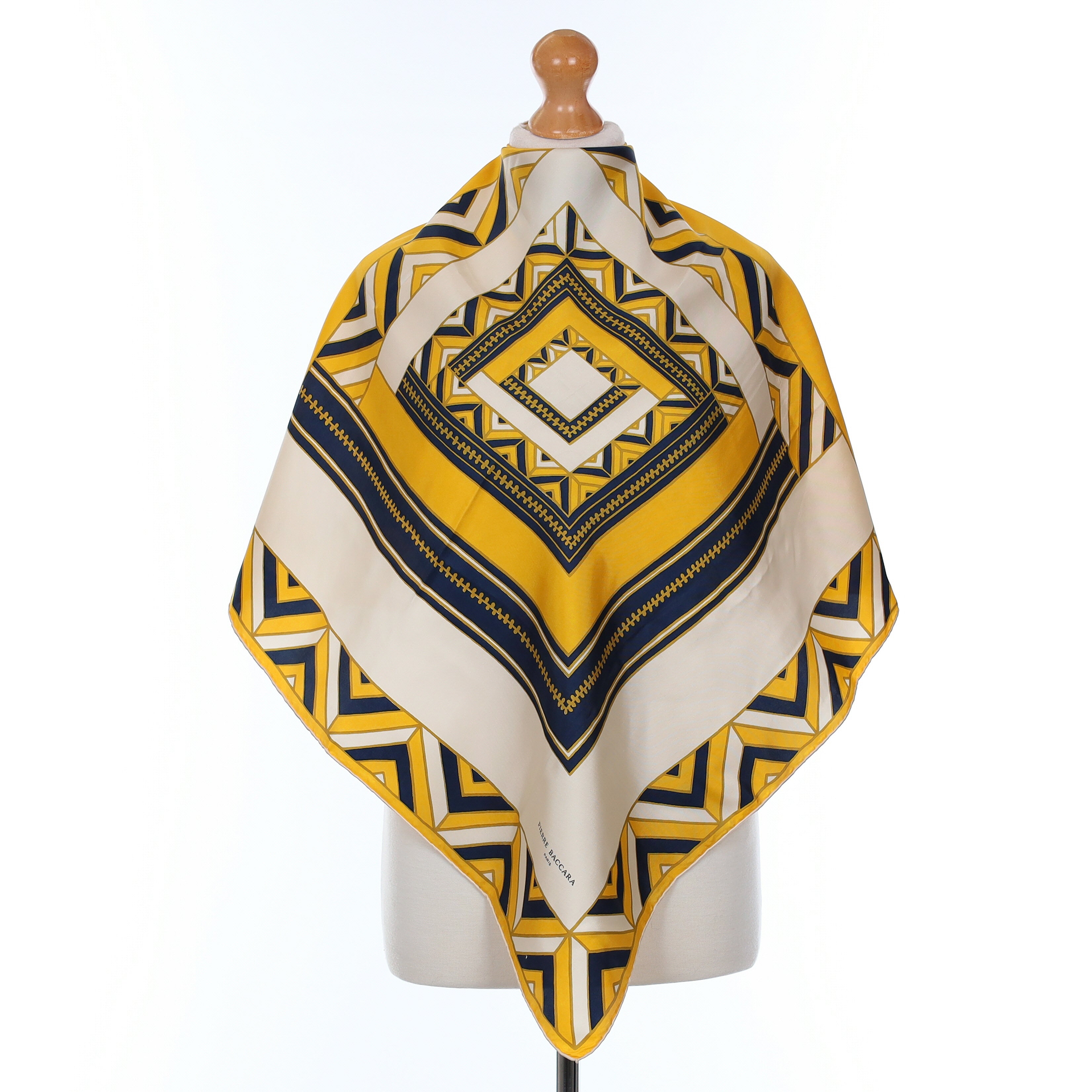 Pierre Baccara Yellow And Navy Geometric Vintage Silk Scarf