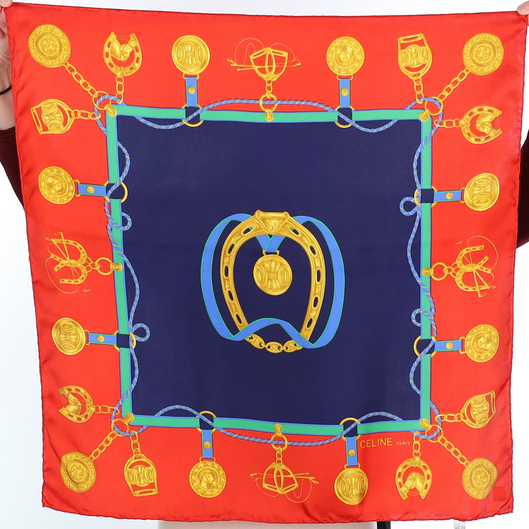 Celine Red and Blue Silk Equestrian Vintage Scarf