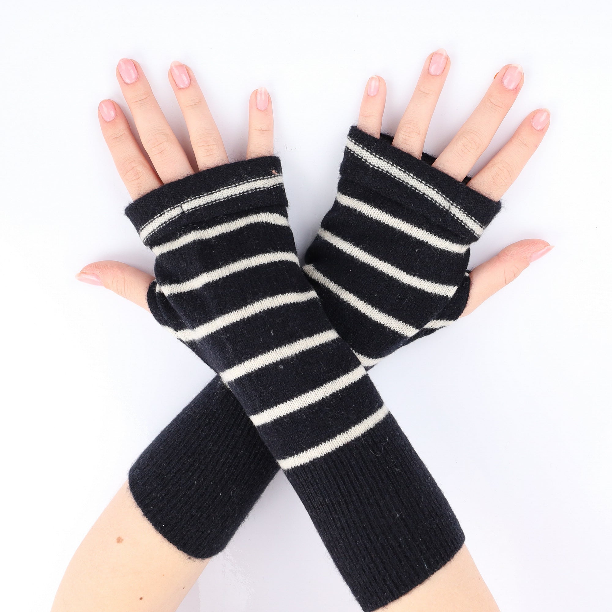Black and Ivory Stripe Fingerless Gloves