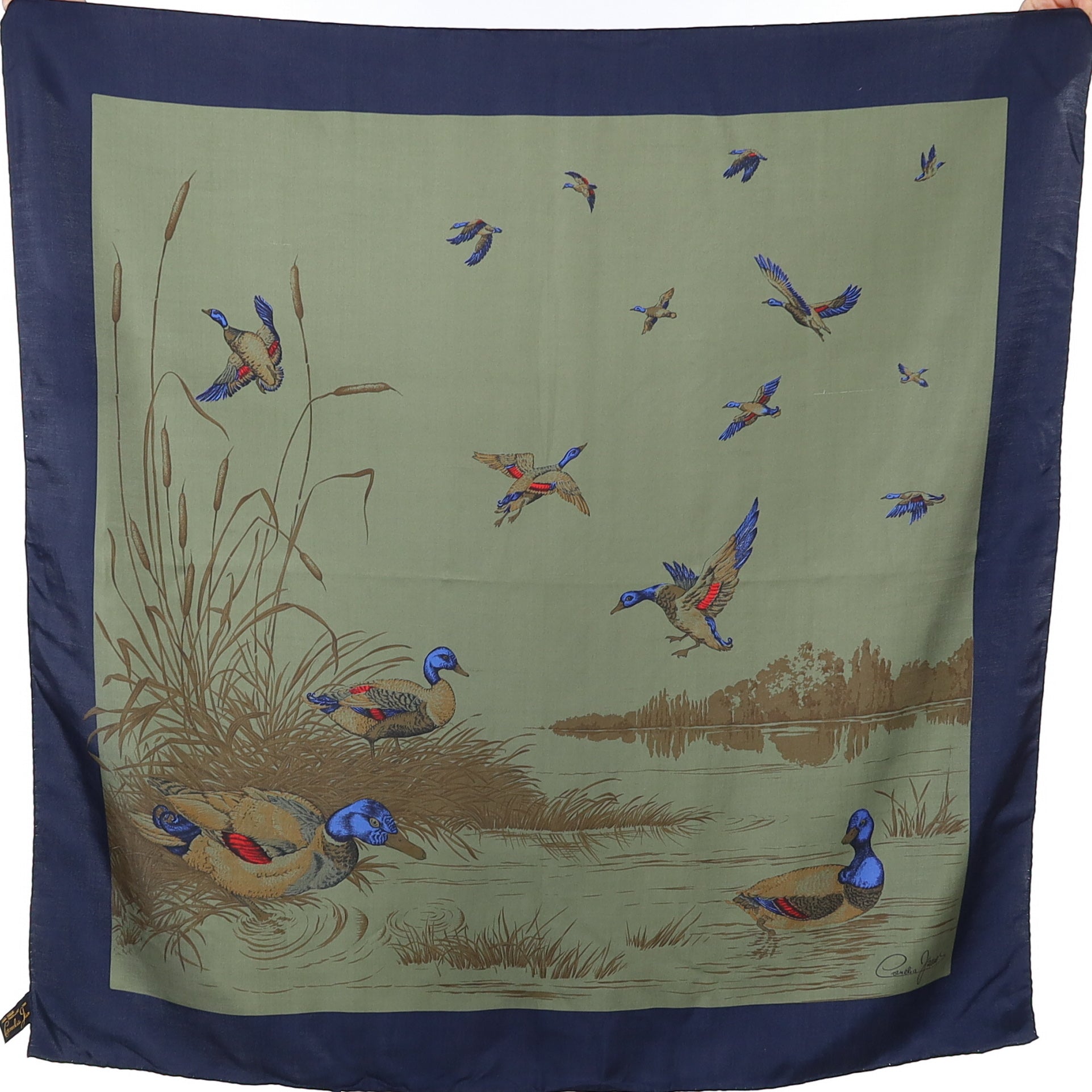 Cornelia James Khaki Duck Themed Vintage Silk Scarf