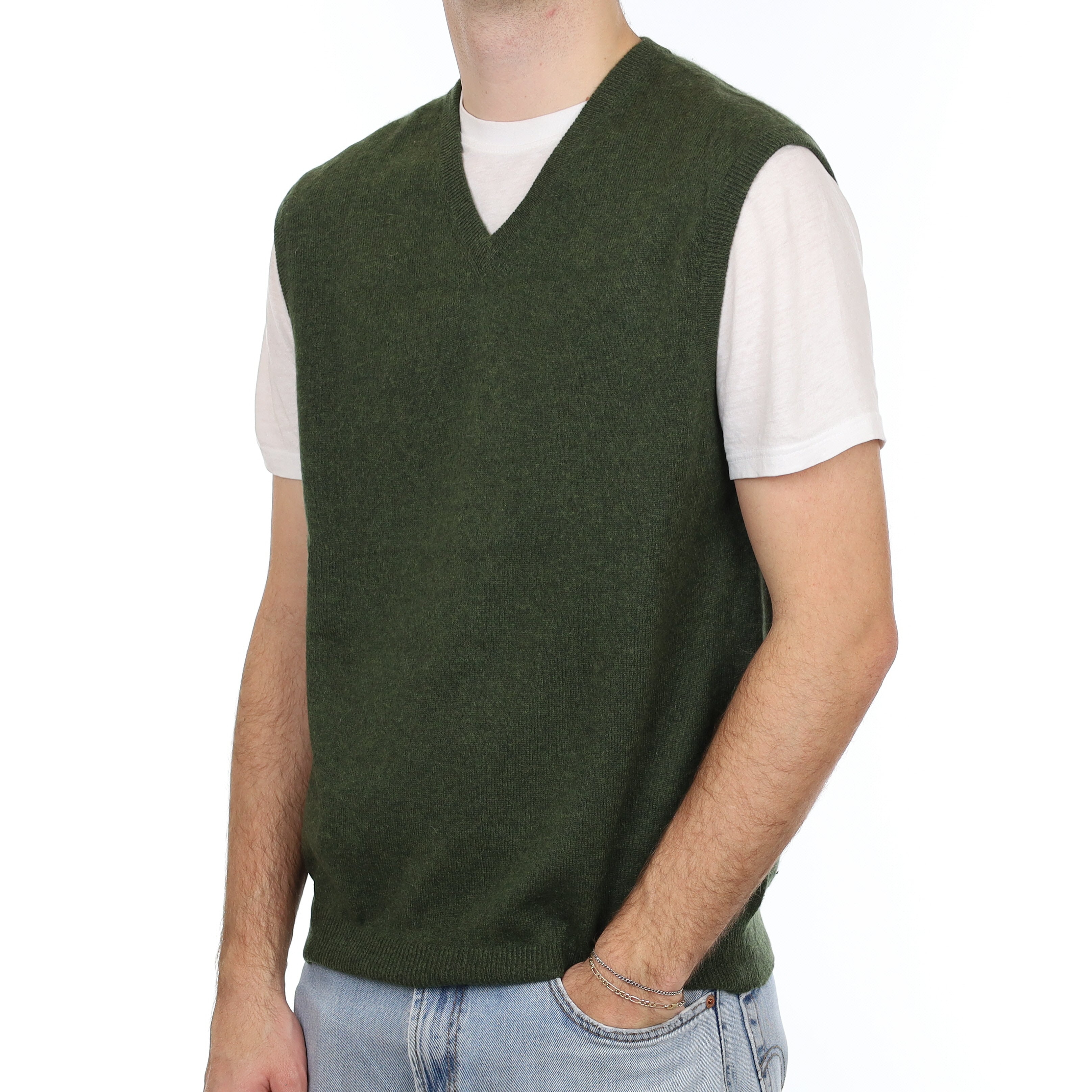 Men's Deep Moss Green Cashmere V Neck Tank Top Large