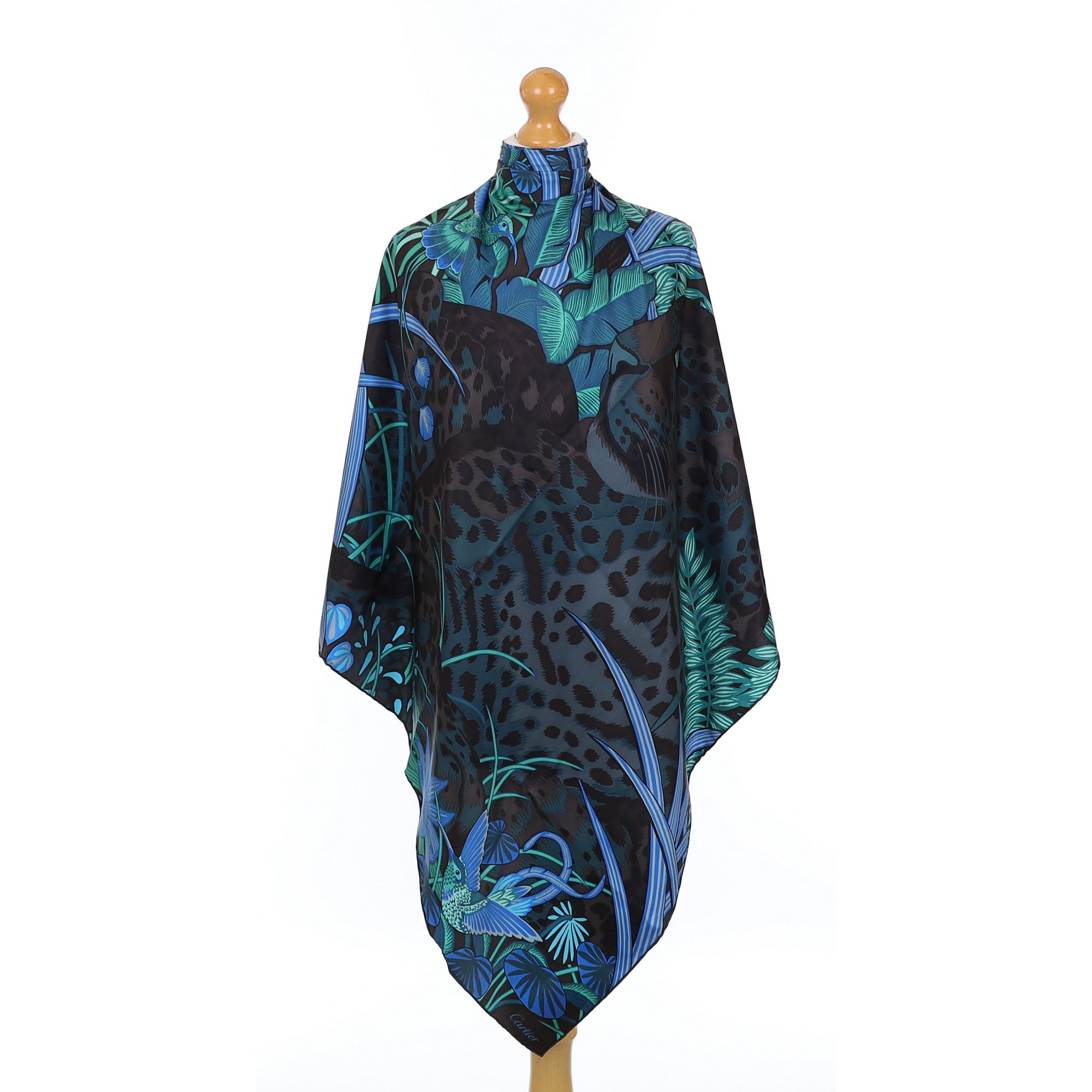 Brand New Boxed Cartier Blue Green and Brown Panther Silk Scarf