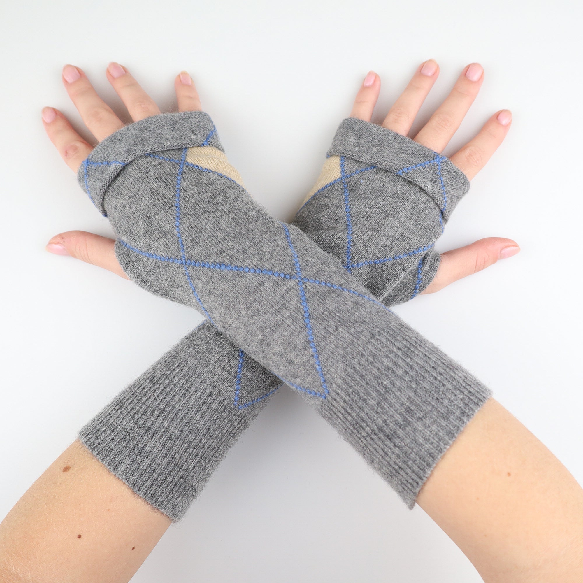 Grey Beige and Blue Diamond Fingerless Gloves