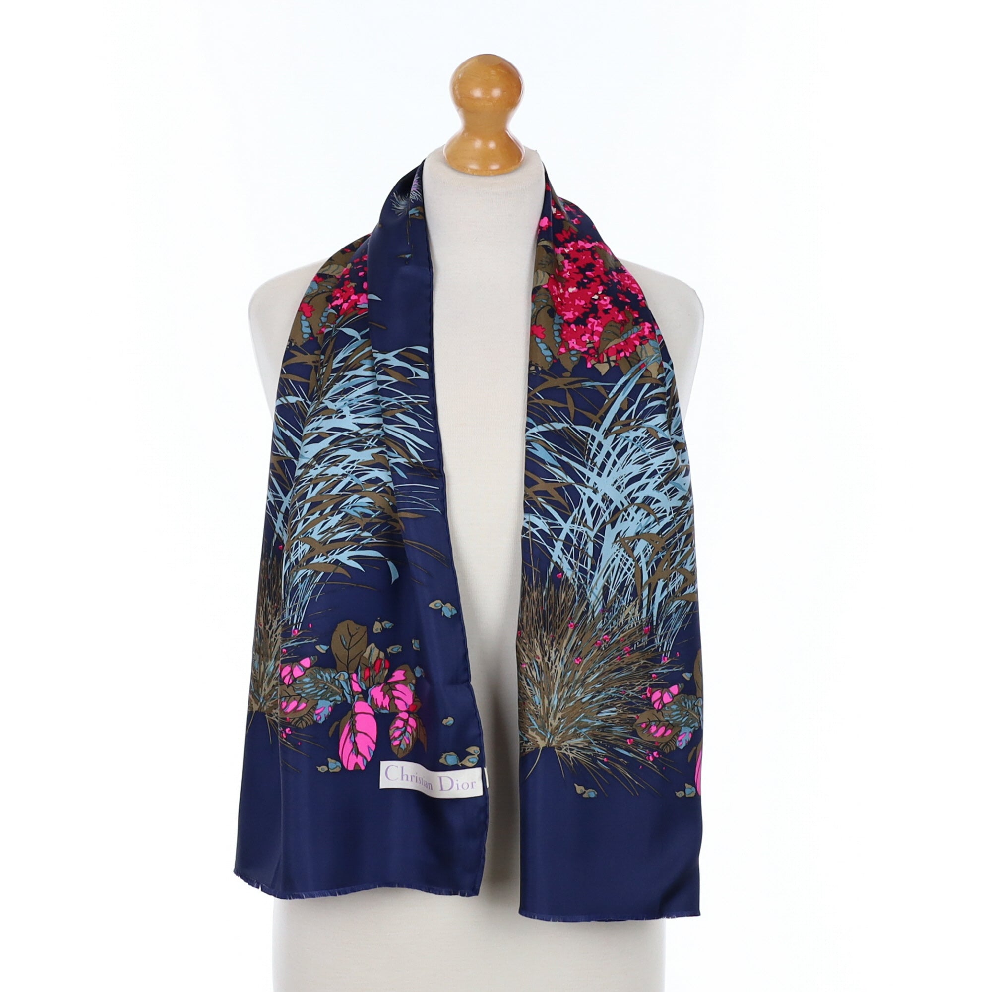 Christian Dior Designer Navy Blue Floral Silk Scarf