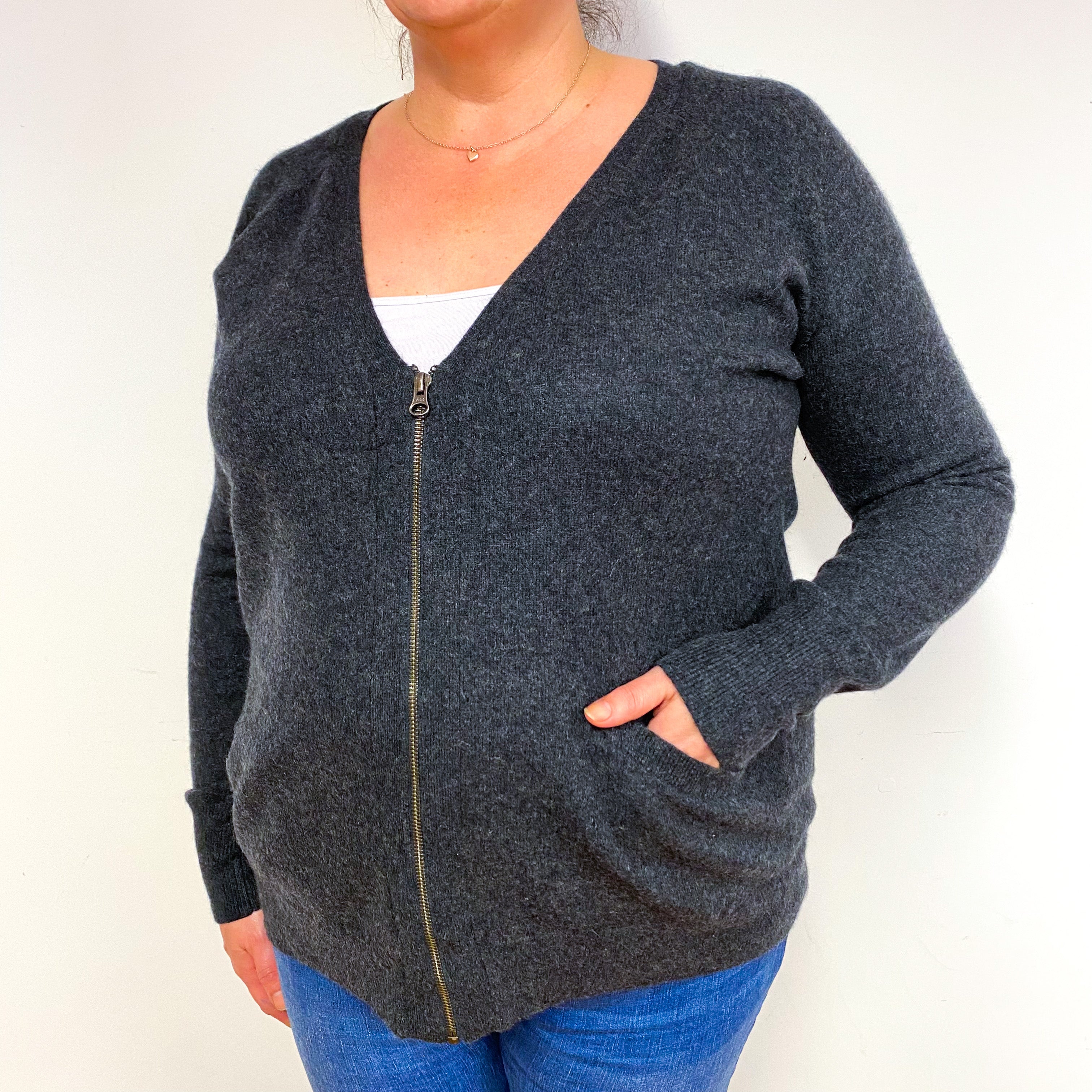 Dark Slate Grey Cashmere Zip V-Neck Cardigan Extra Large
