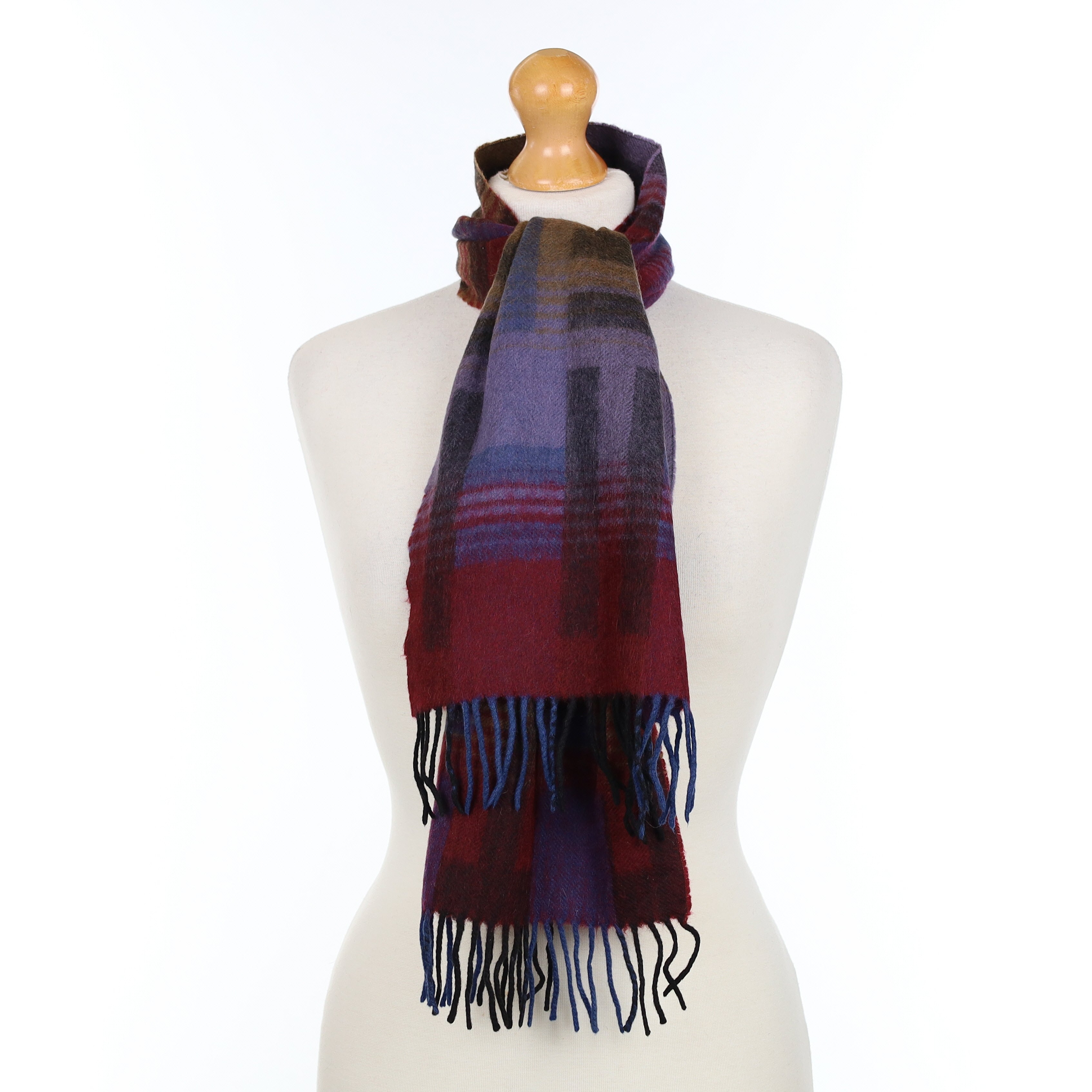 Blue Black and Red Patterned Cashmere Woven Scarf