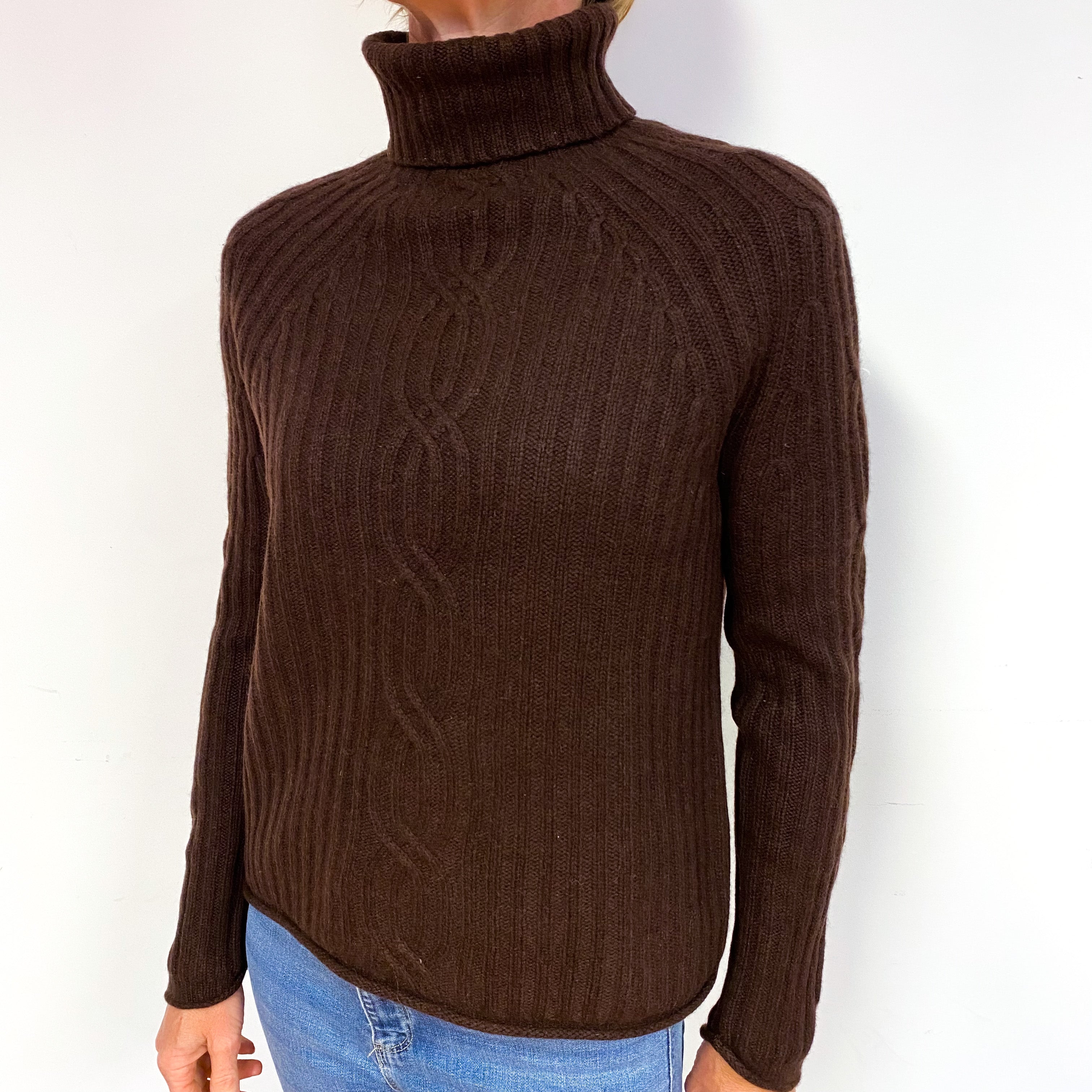 Chocolate Brown Chunky Cashmere Polo Neck Jumper Medium