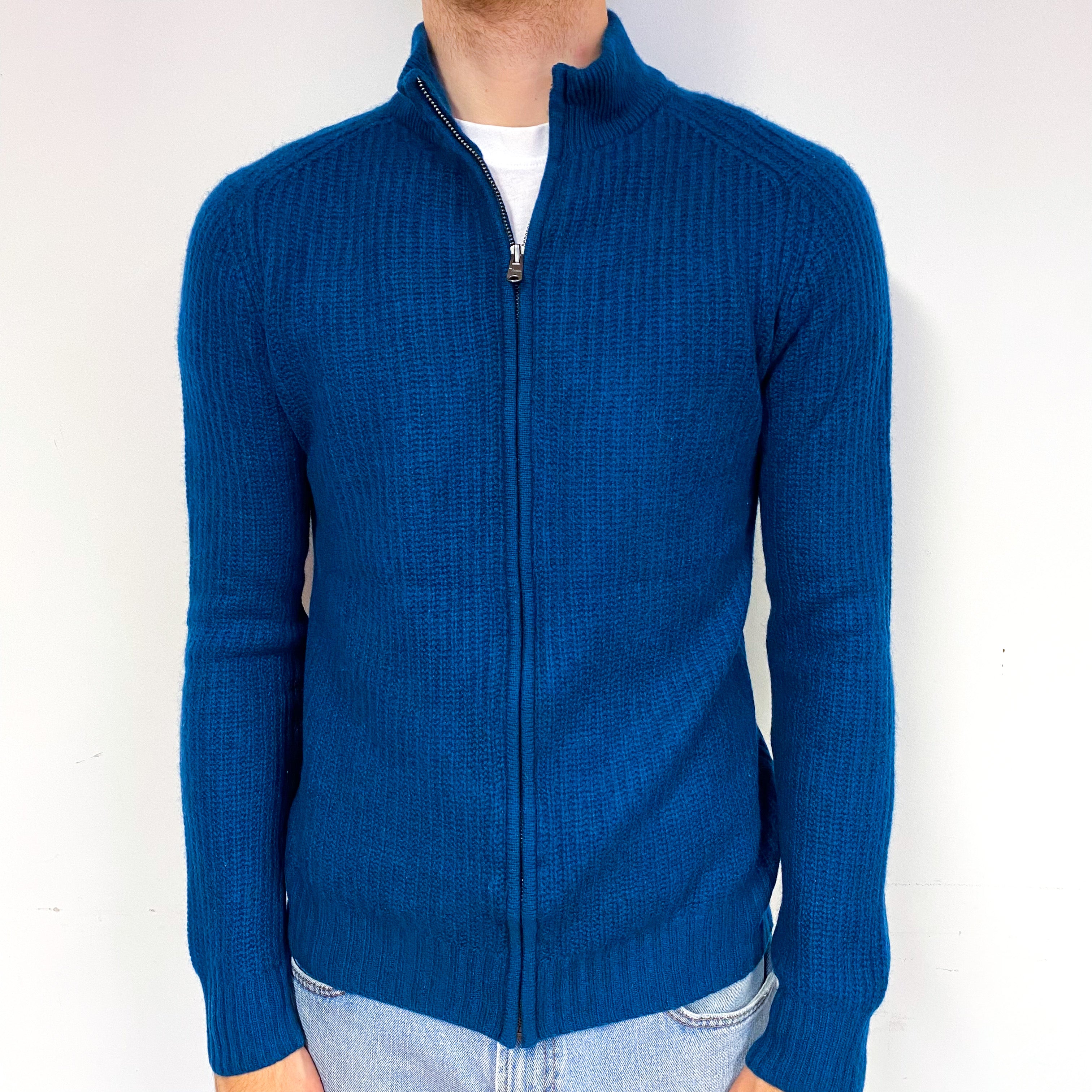 Men's Teal Blue Rib Cashmere Zip Up Cardigan Large