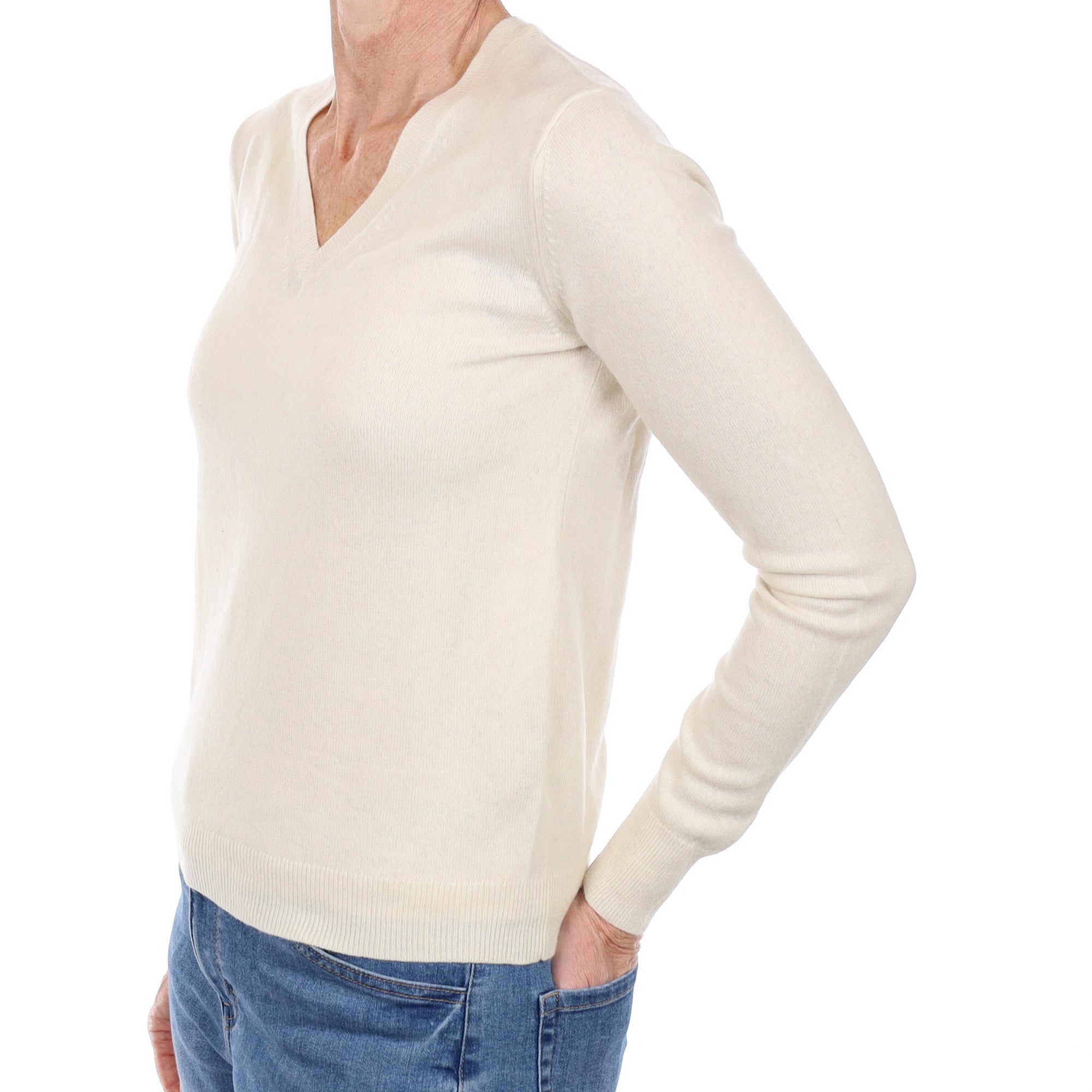 Vanilla Cream Cashmere V Neck Jumper Small