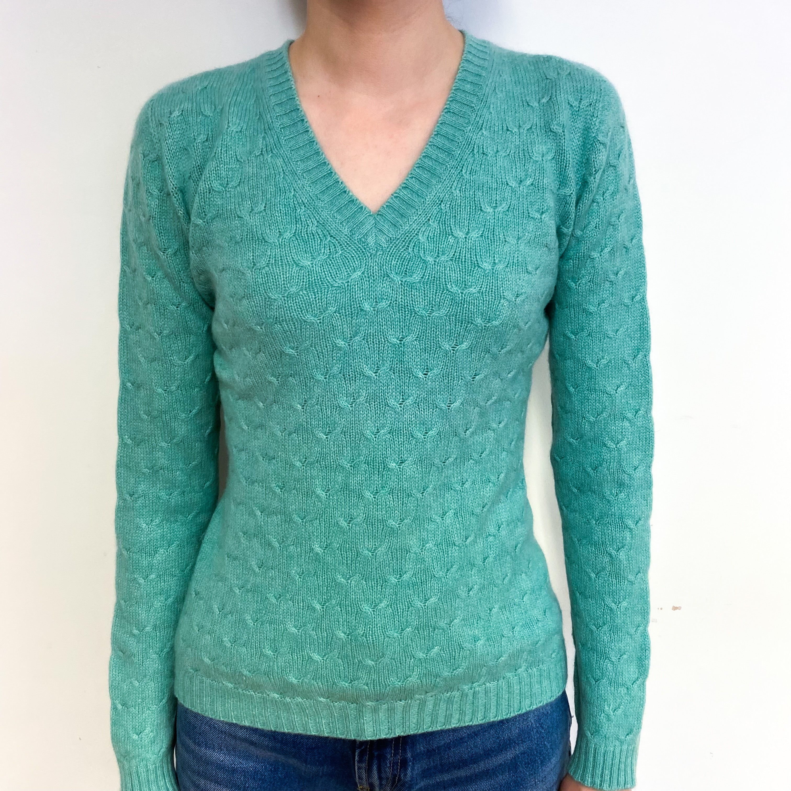 Scottish Estuary Green Cashmere V-Neck Jumper Extra Small