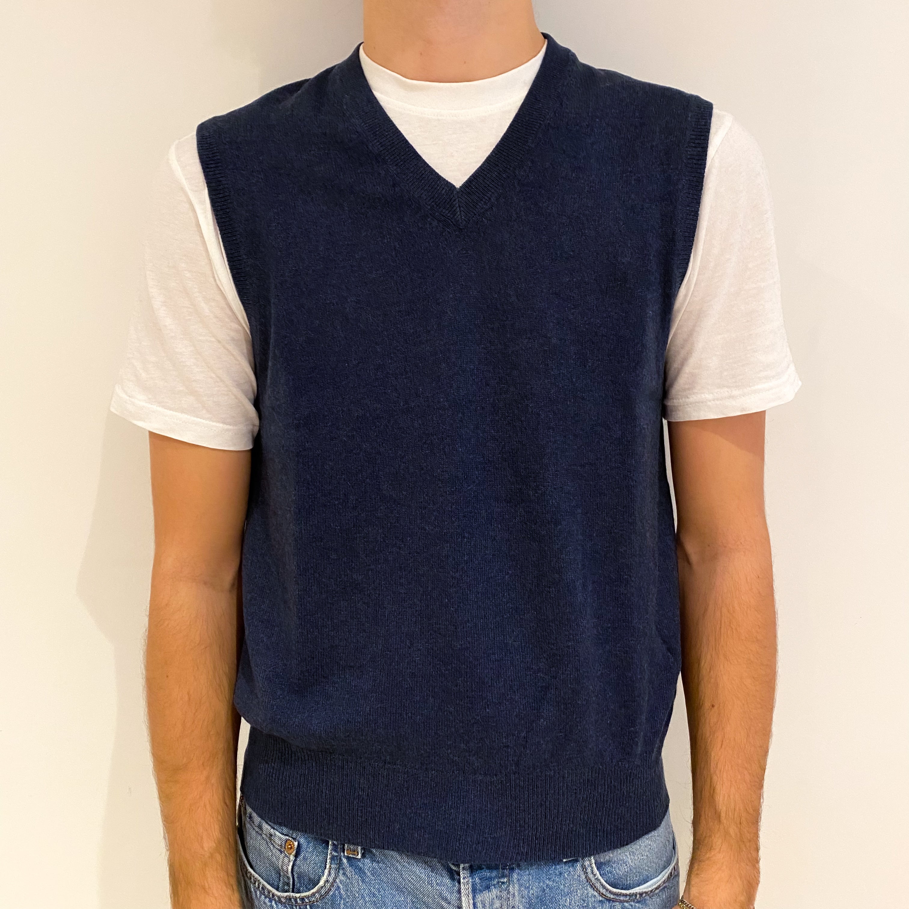 Men's Dark Denim Blue Cashmere V Neck Tank Top Medium