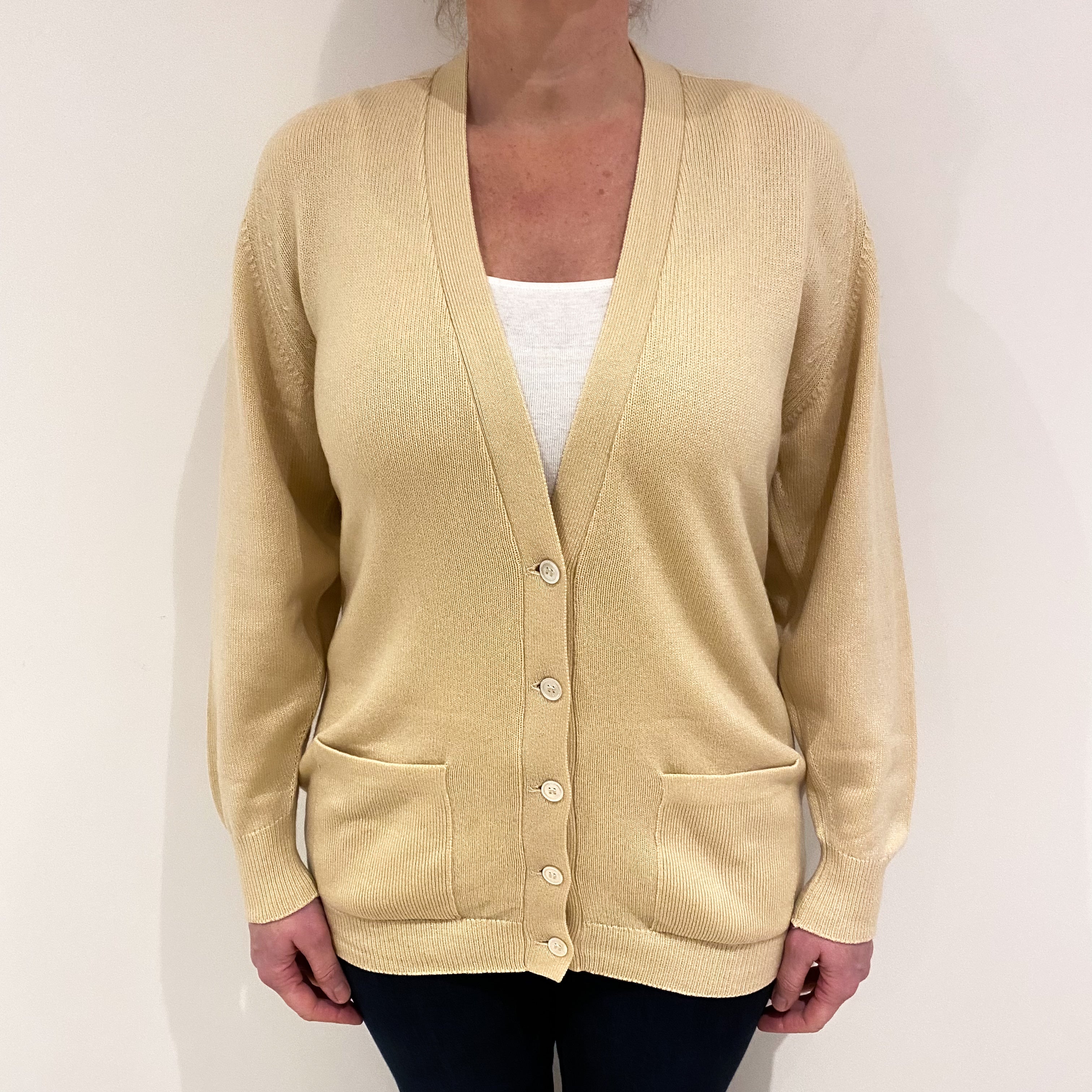 Scottish Vintage Sand Cashmere V Neck Cardigan with Pockets Large