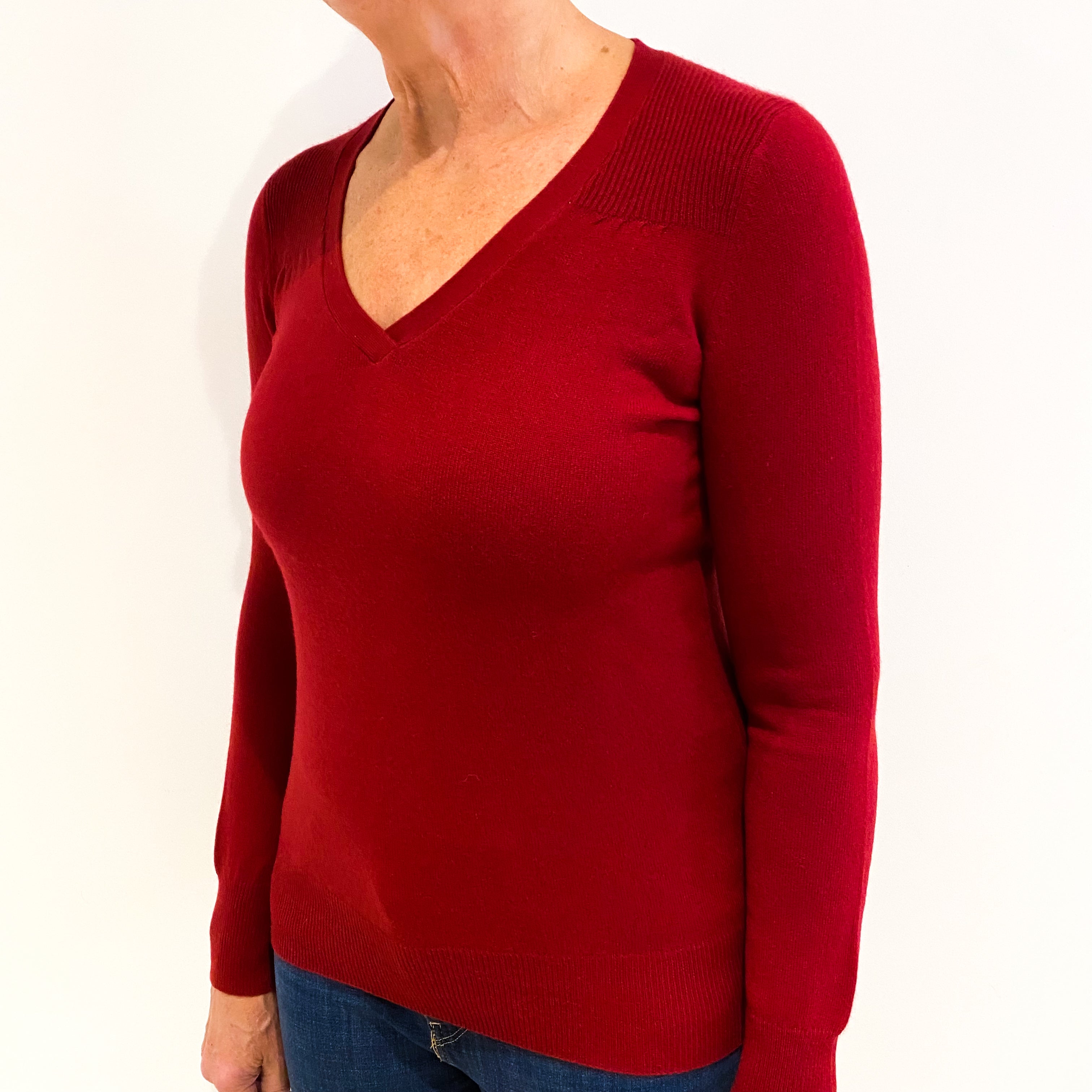Crimson Red Cashmere V-Neck Jumper Medium