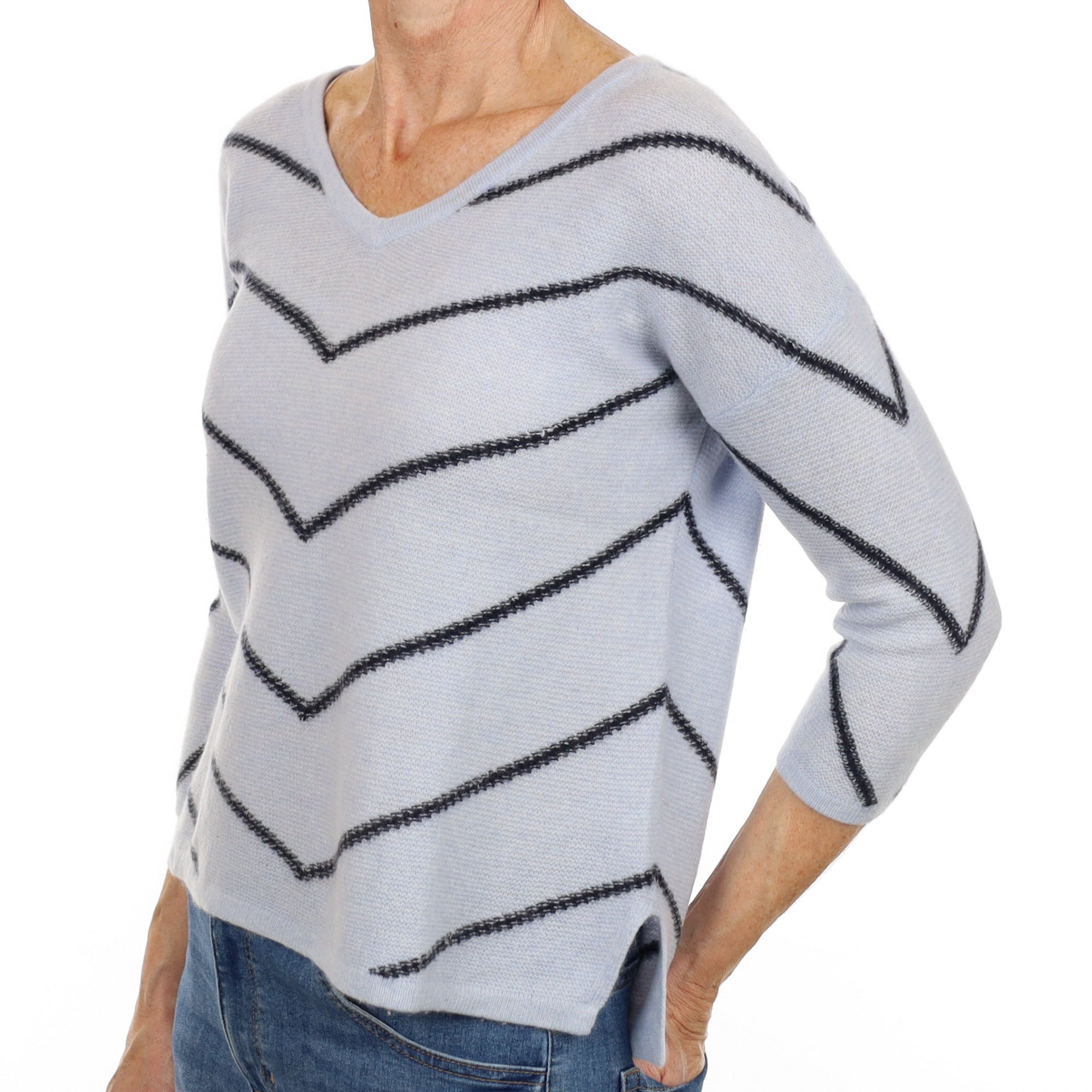 Pale Blue Chevron Patterned Cashmere V Neck Jumper Small