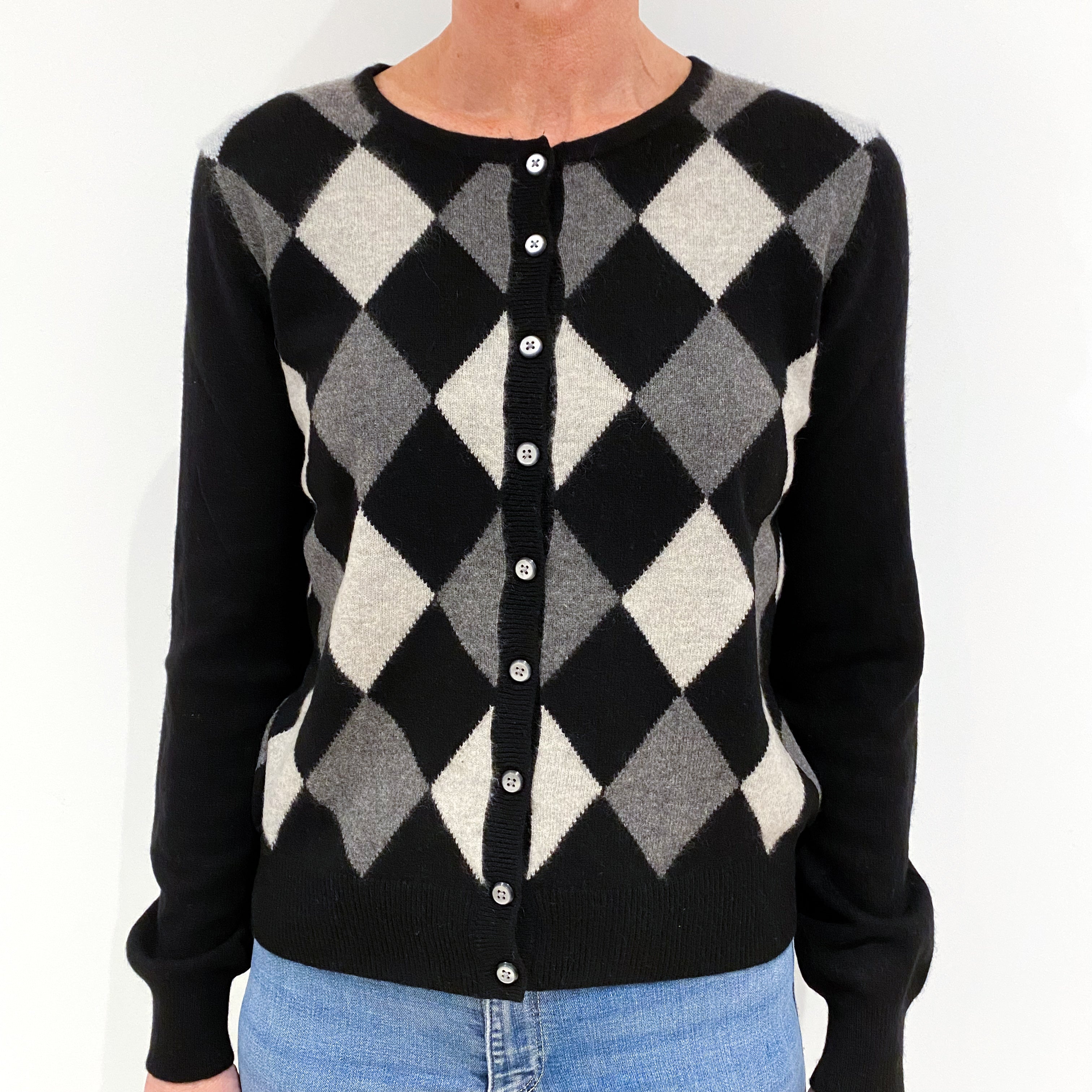 Black/Grey Cashmere Crew Neck Cardigan Small