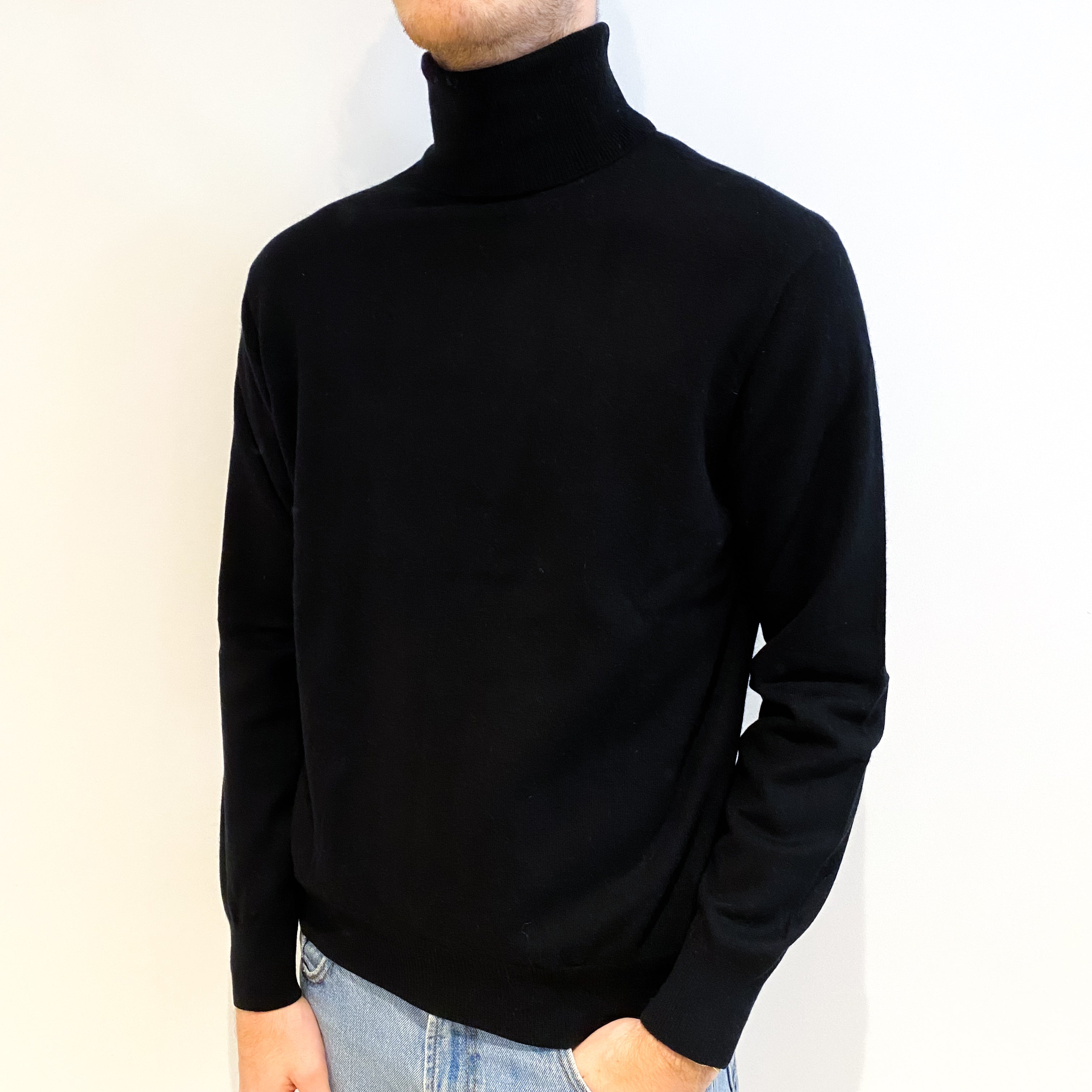 Men's Black Cashmere Polo Neck Jumper Large
