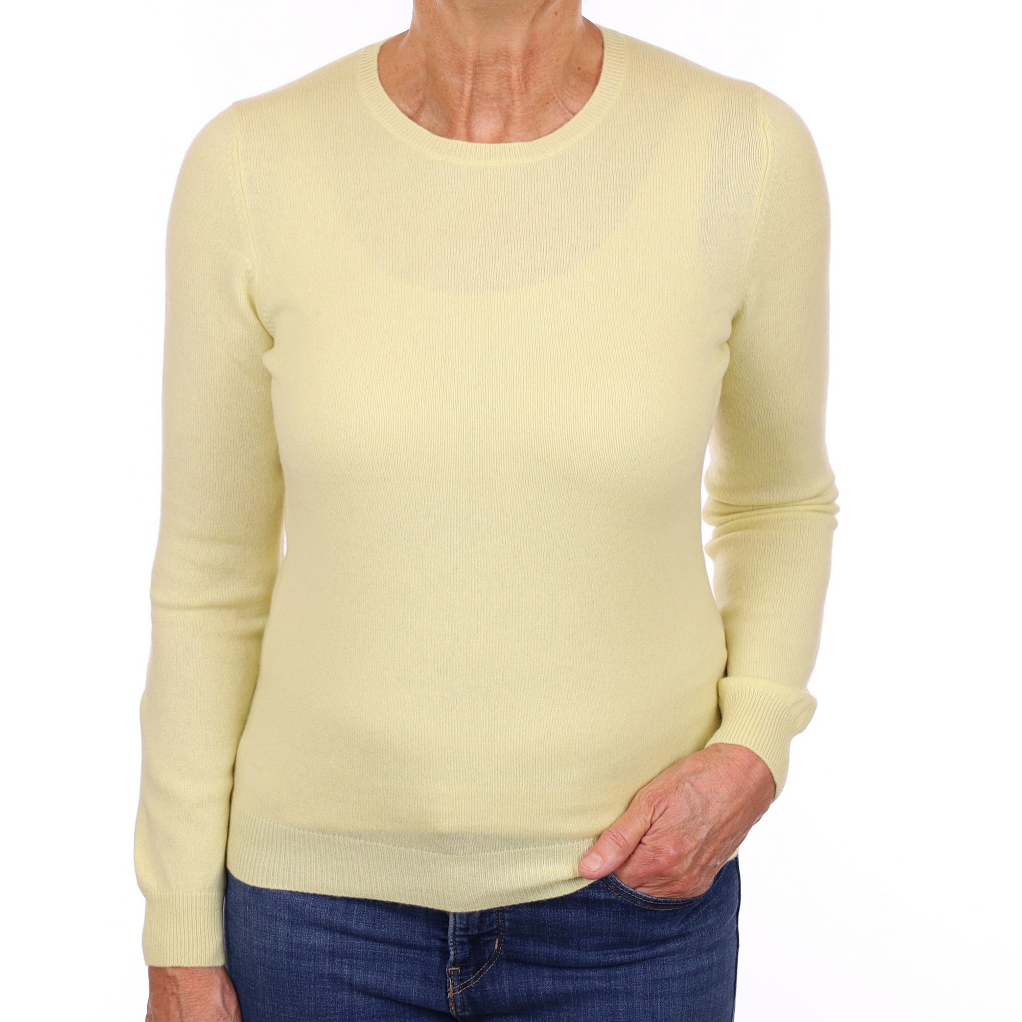 Pale Lemon Yellow Cashmere Crew Neck Jumper Medium