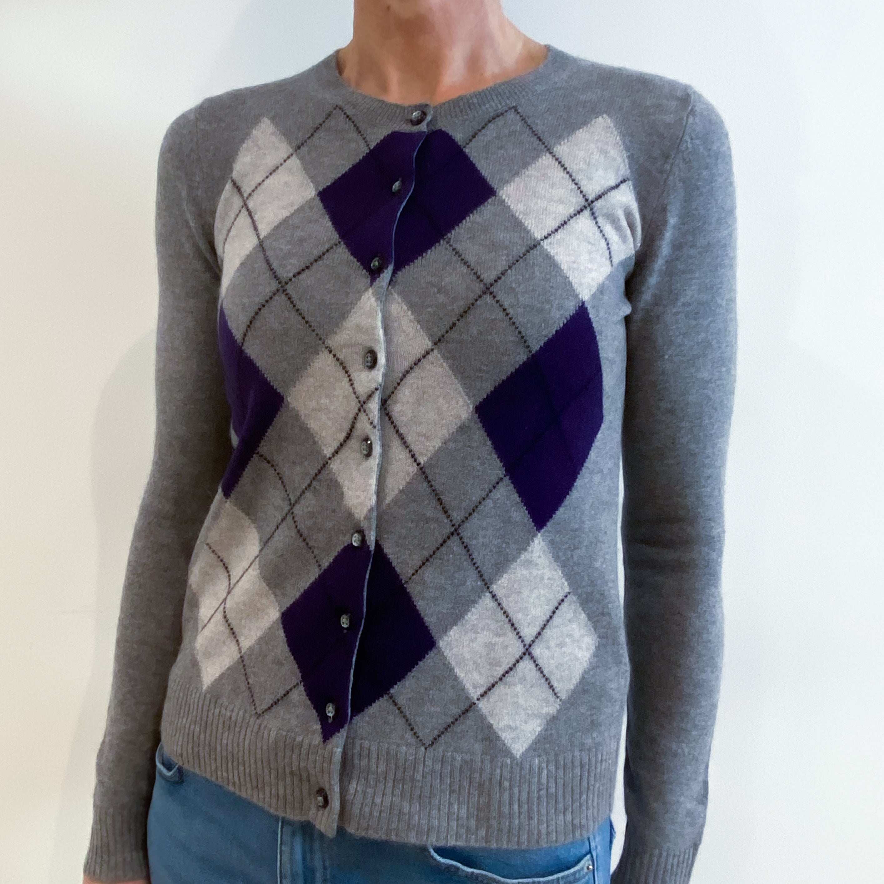 Ash Grey Diamond Patterned Cashmere Crew Neck Cardigan Small