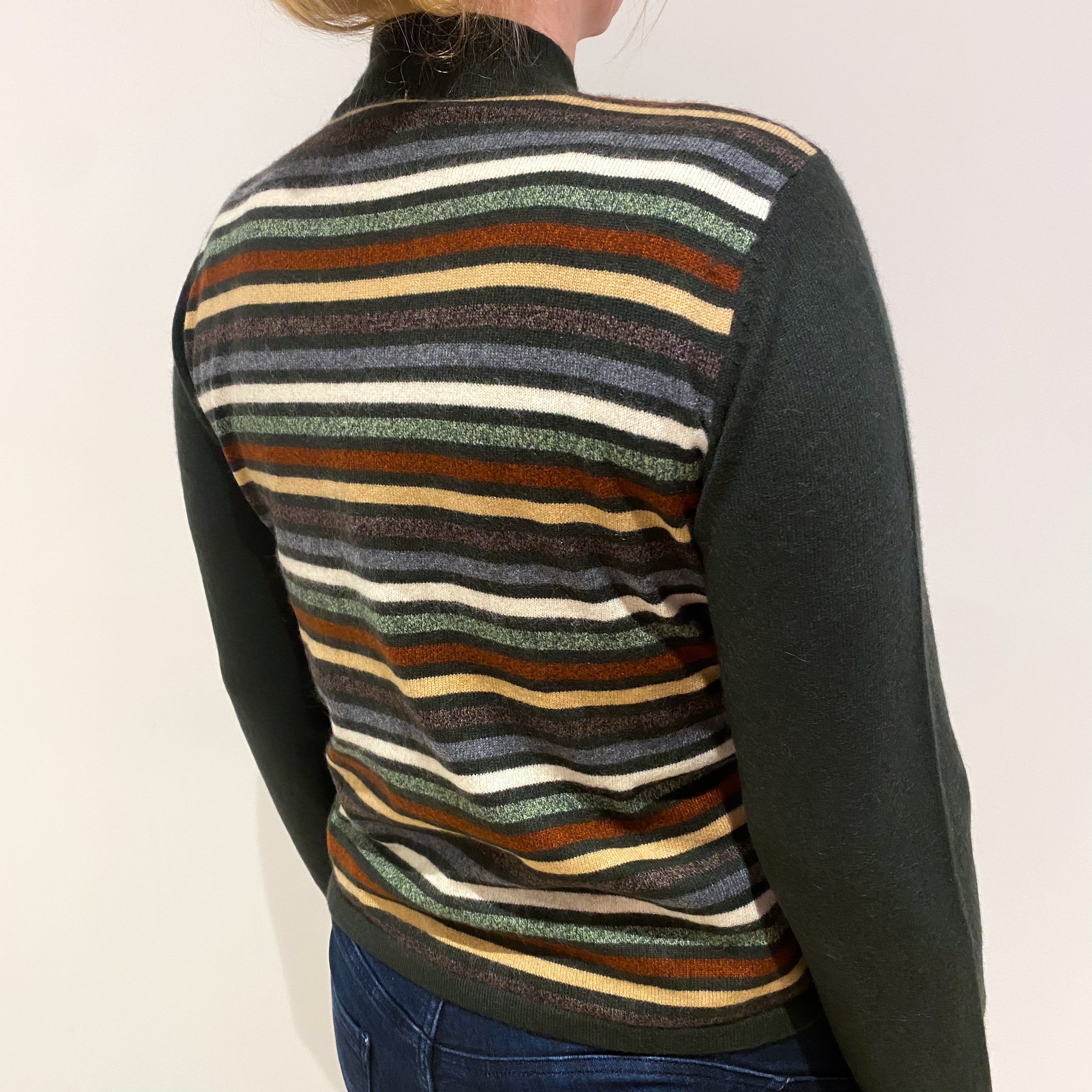 Deep Khaki Striped Cashmere Turtle Neck Jumper Large