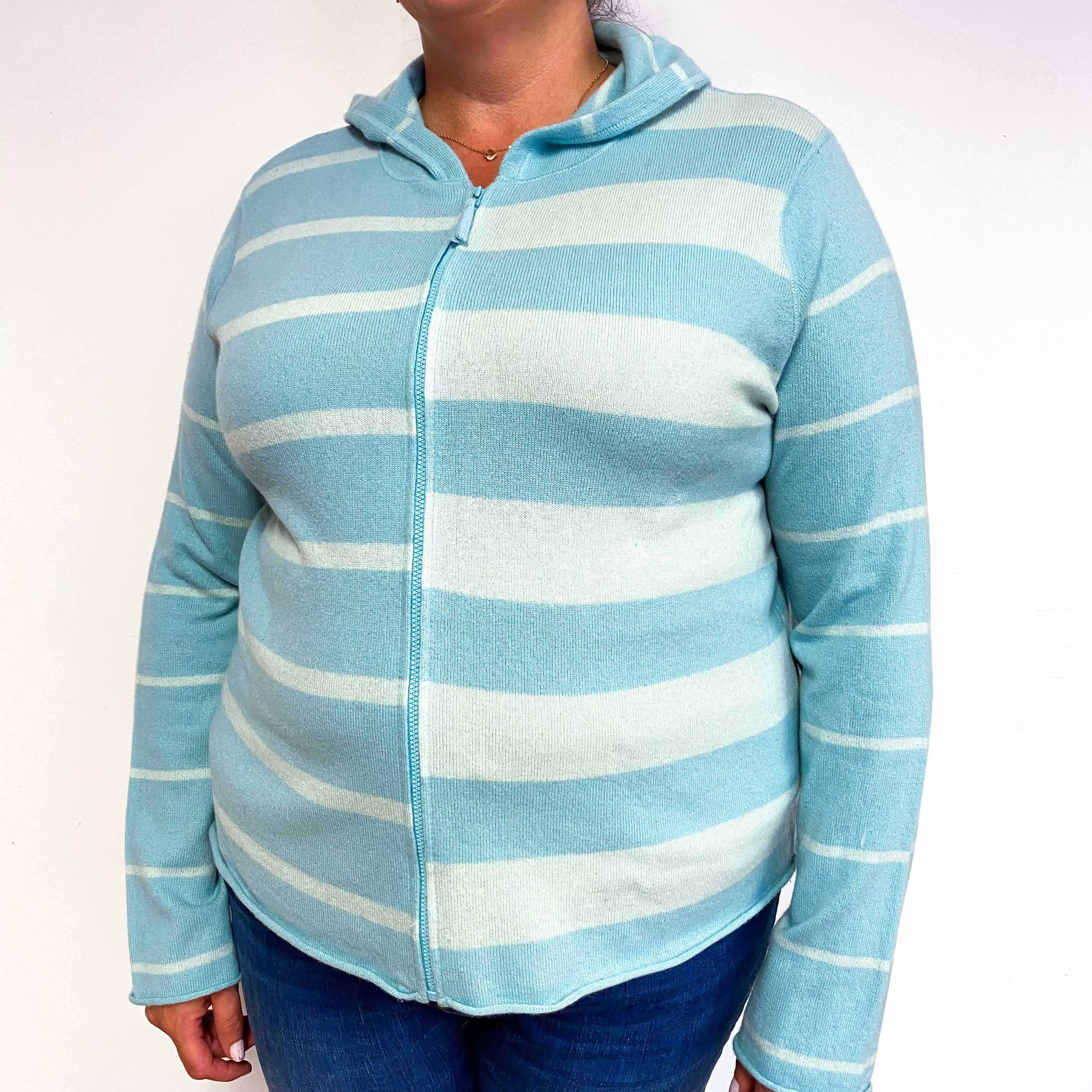 Mint Green Stripe Cashmere Zip Up Hoodie Extra Large