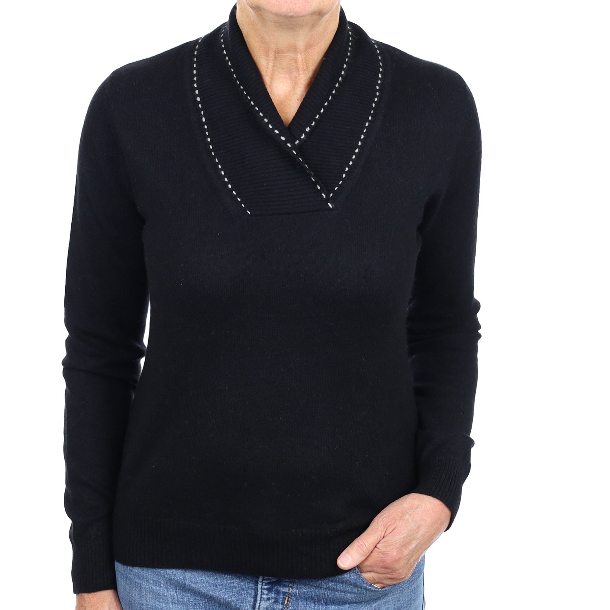 Black Cashmere Shawl Collar V Neck Jumper Medium