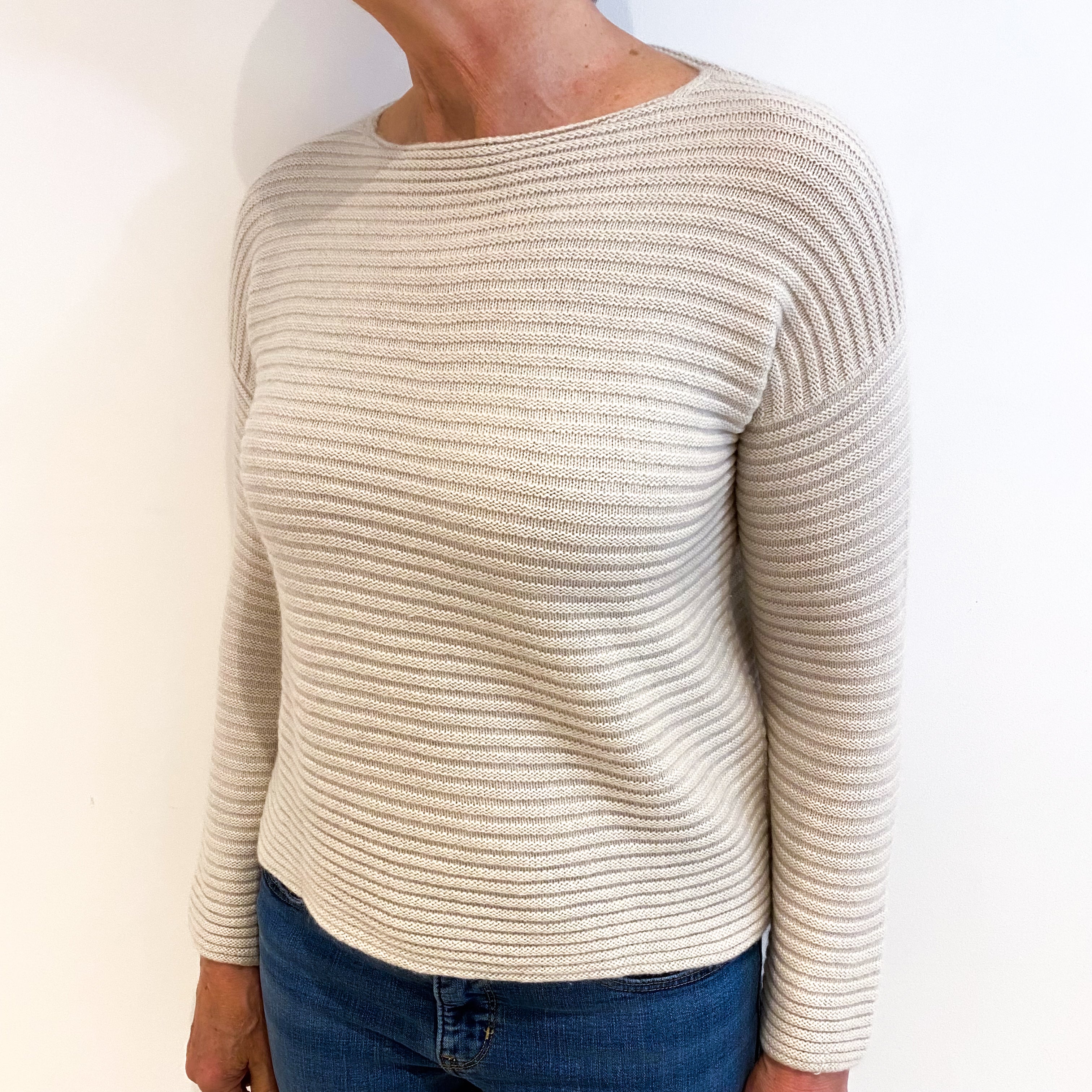 Light Cream Ribbed Cashmere Slash Neck Jumper Medium