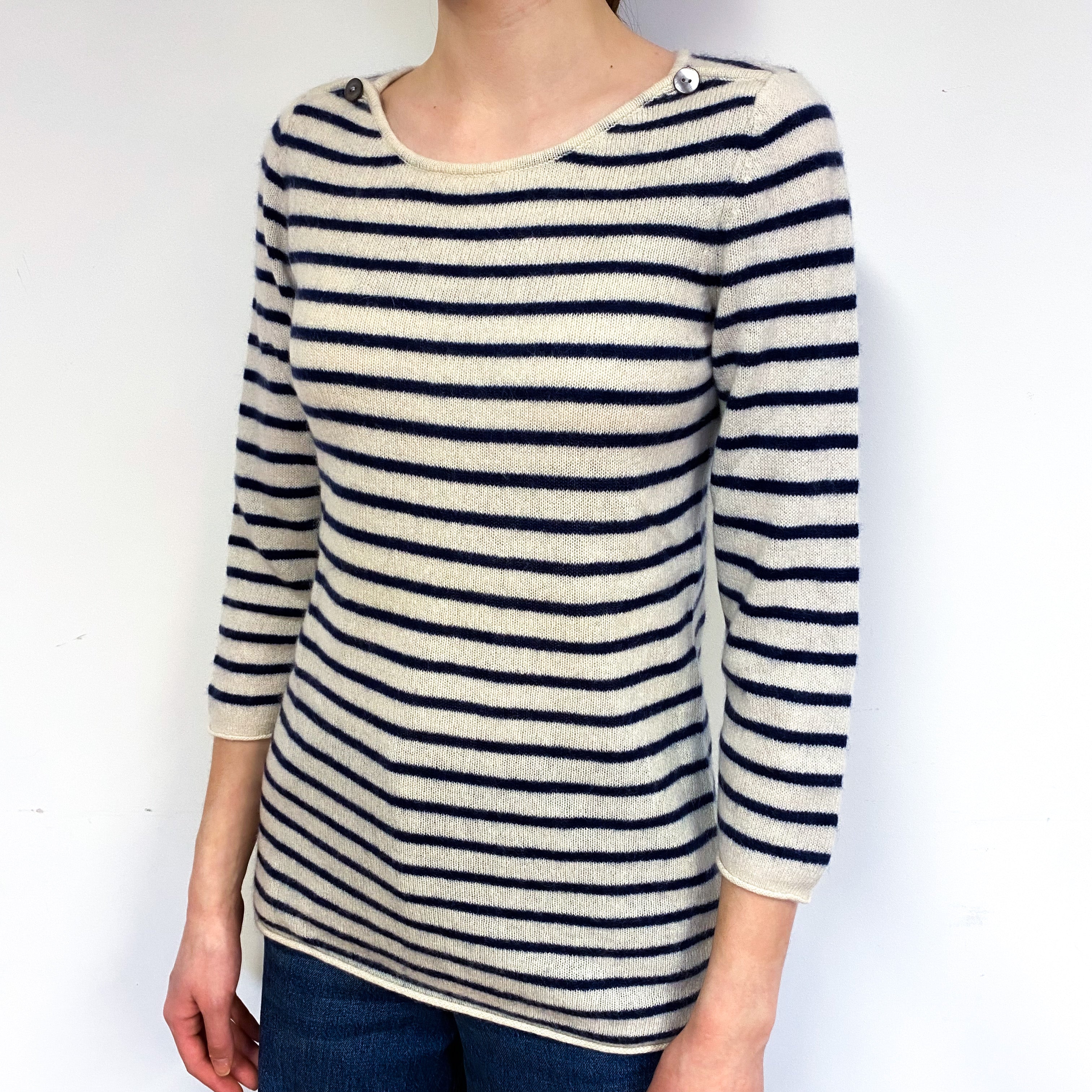 Ivory and Navy Stripe Cashmere Crew Neck Jumper Extra Small