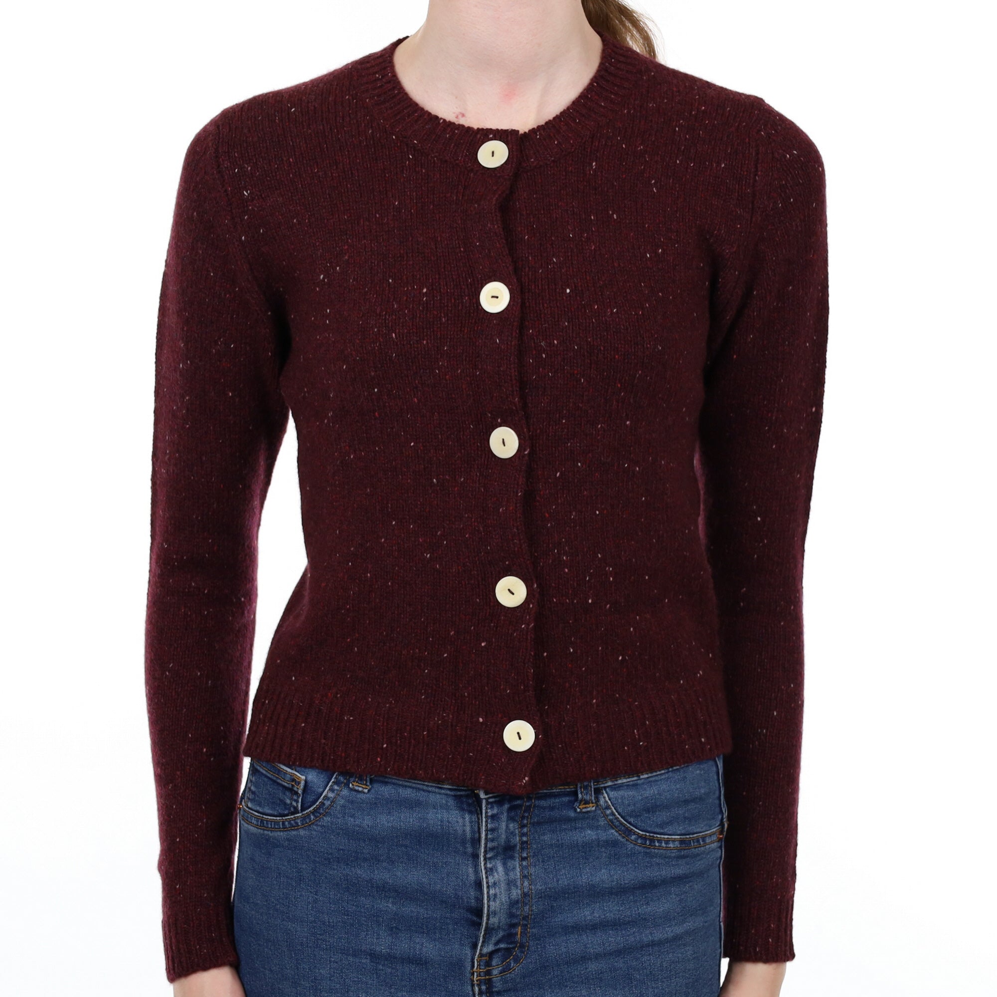 Aubergine Purple Flecked Cashmere Crew Neck Cardigan Extra Small