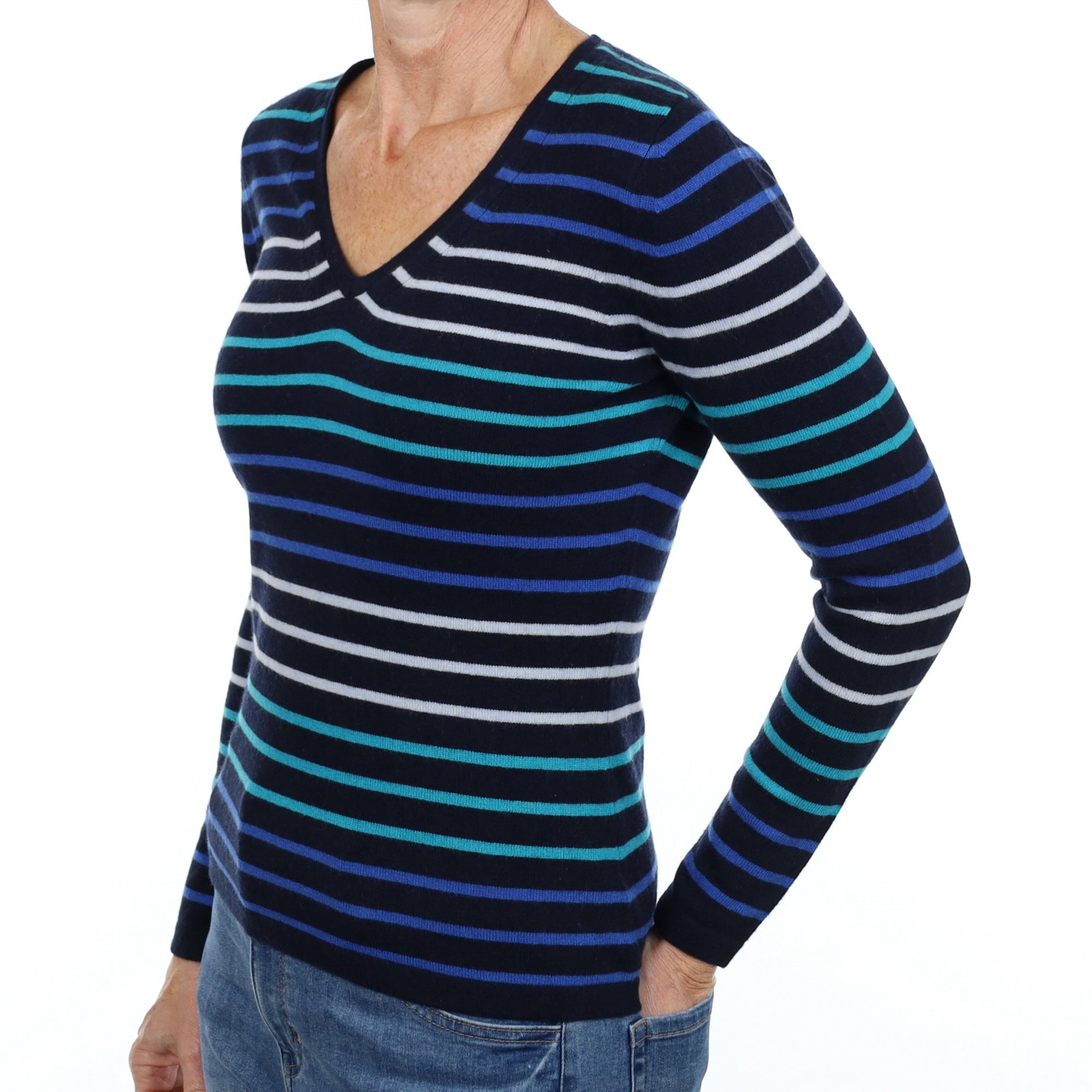 New Navy and Blue Striped Cashmere V Neck Jumper Small
